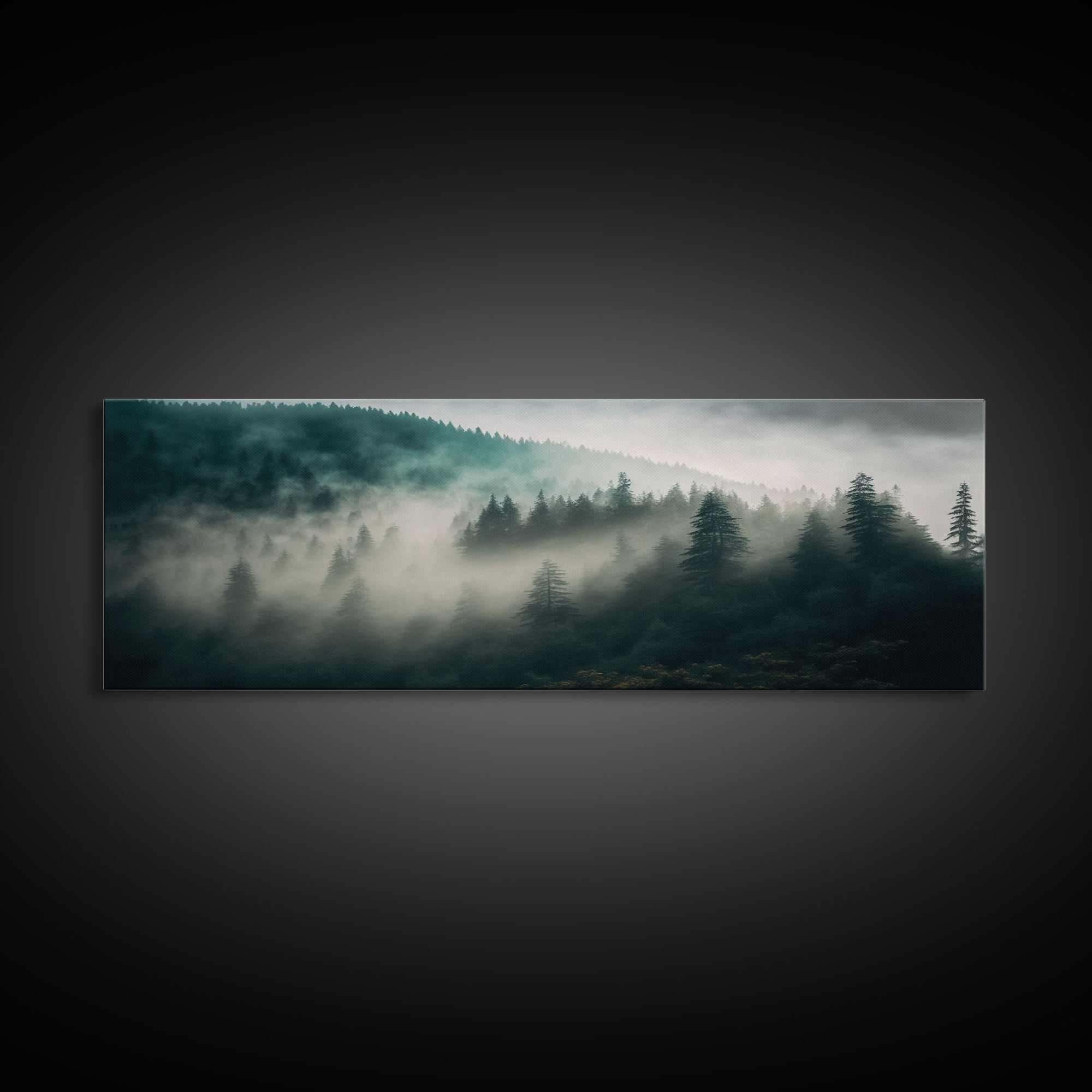 Panoramic watercolor of a misty forest fog, wall art, framed canvas print, farmhouse decor, foggy pine tree forest landscape, cabin art