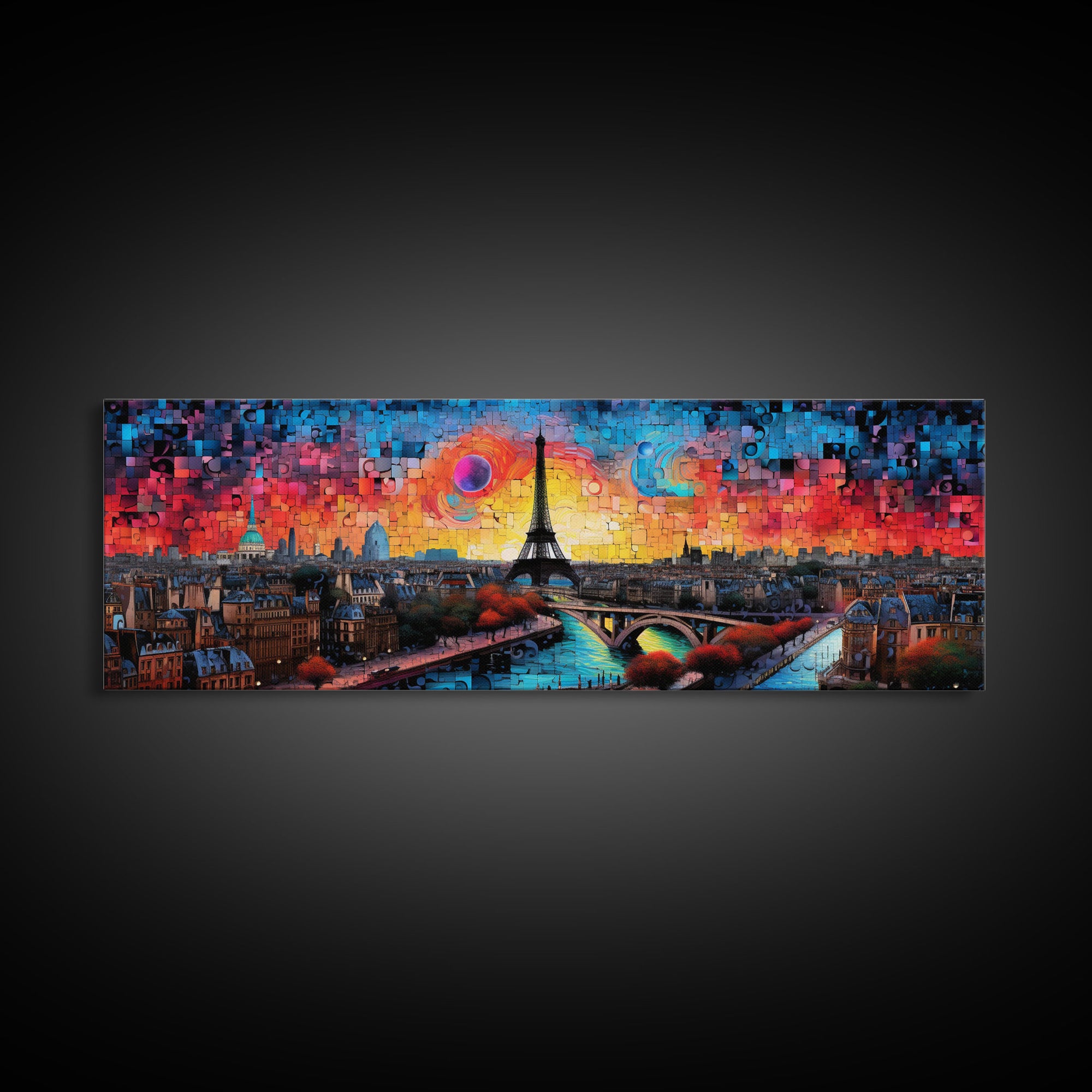 Jigsaw Abstract Paris France Panoramic Framed Canvas Print, Van Gogh Inspired Original Painting, Colorful Wall Art