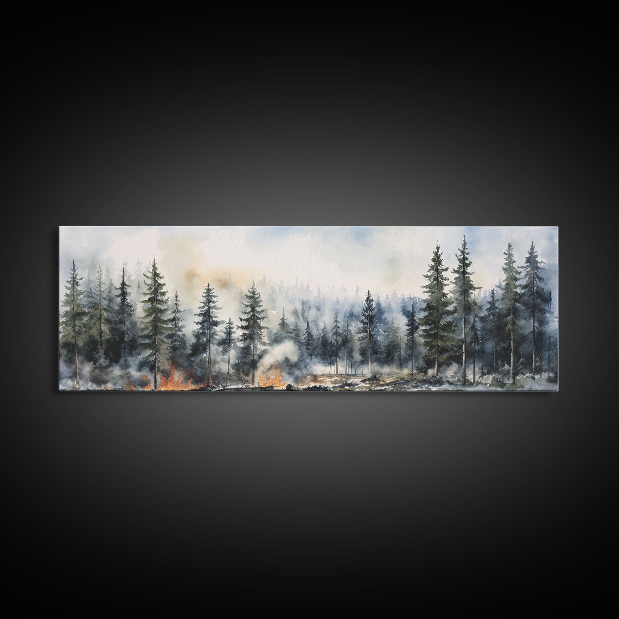 Panoramic Watercolor Painting Of A Forest Fire Wall Art, Framed Canvas Print, Landscape Painting, Oil Painting, Vintage Landscape