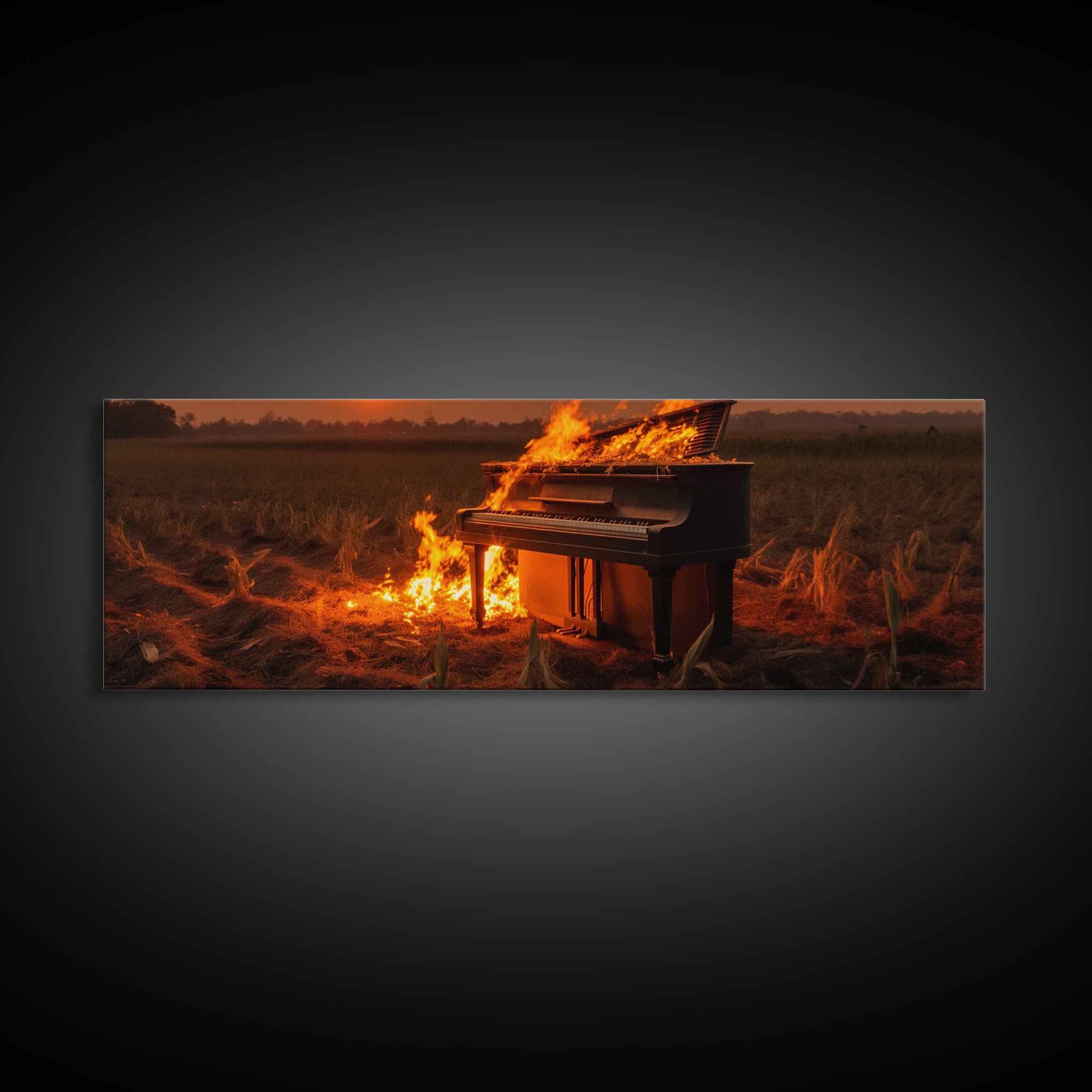 Urban Decay, Street Punk Art, Framed Canvas Print, Burning Grand Piano In A Field at Sunset, Dystopian Decor