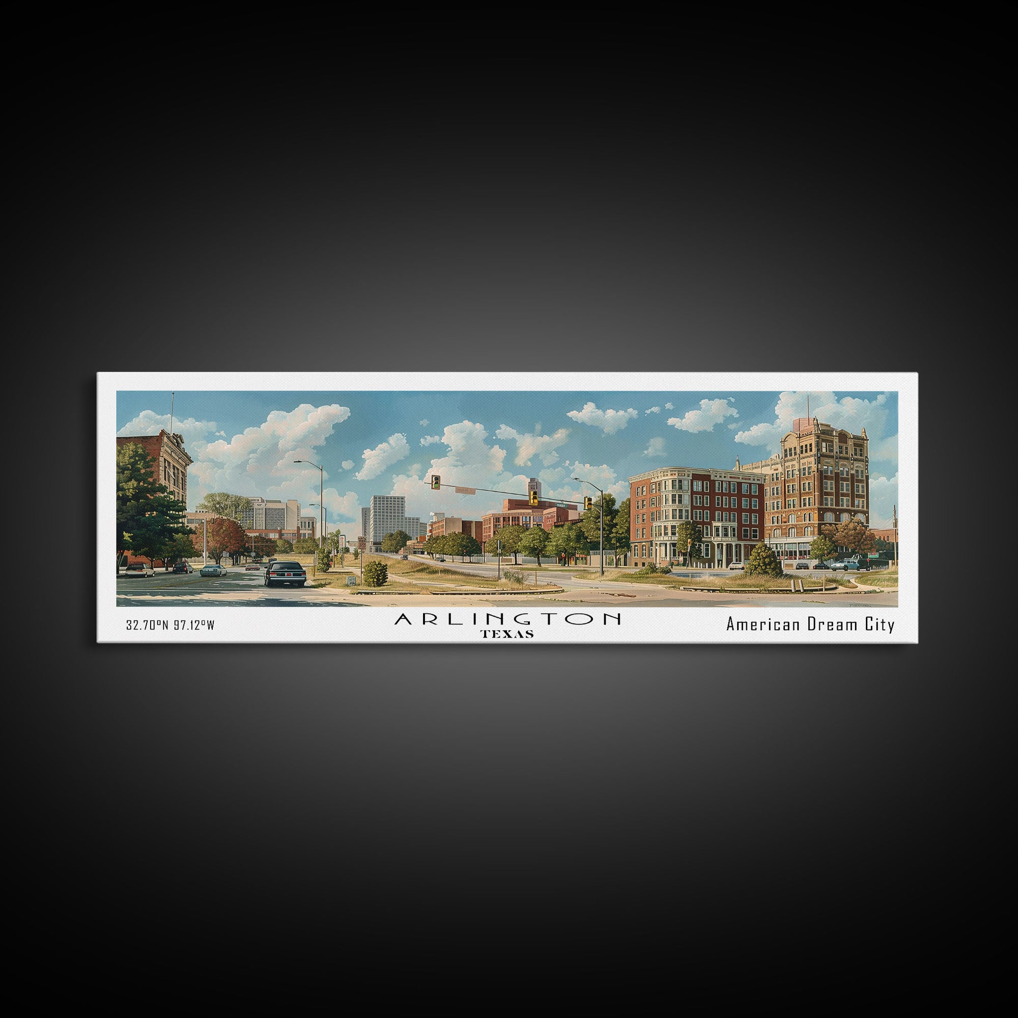 Arlington Texas Panoramic Painting, Watercolor Framed Canvas Print, Scenic City Art, Travel Poster, Wall Decor, Living Room Art, Gift Idea