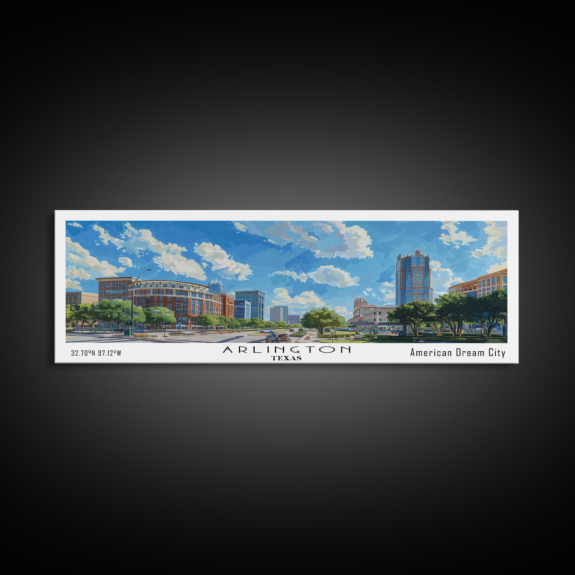 Arlington Texas Panoramic Watercolor Painting, Framed Canvas Print, Scenic City Art, Travel Poster, Home Decor, Wall Hanging, Office Wall Art