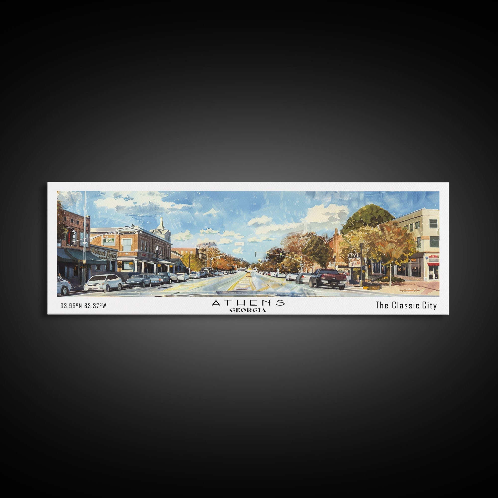 Athens Georgia Panoramic Painting, Watercolor Framed Canvas Print, Scenic City Art, Travel Poster, Home Decor, Wall Hanging, Gift Idea