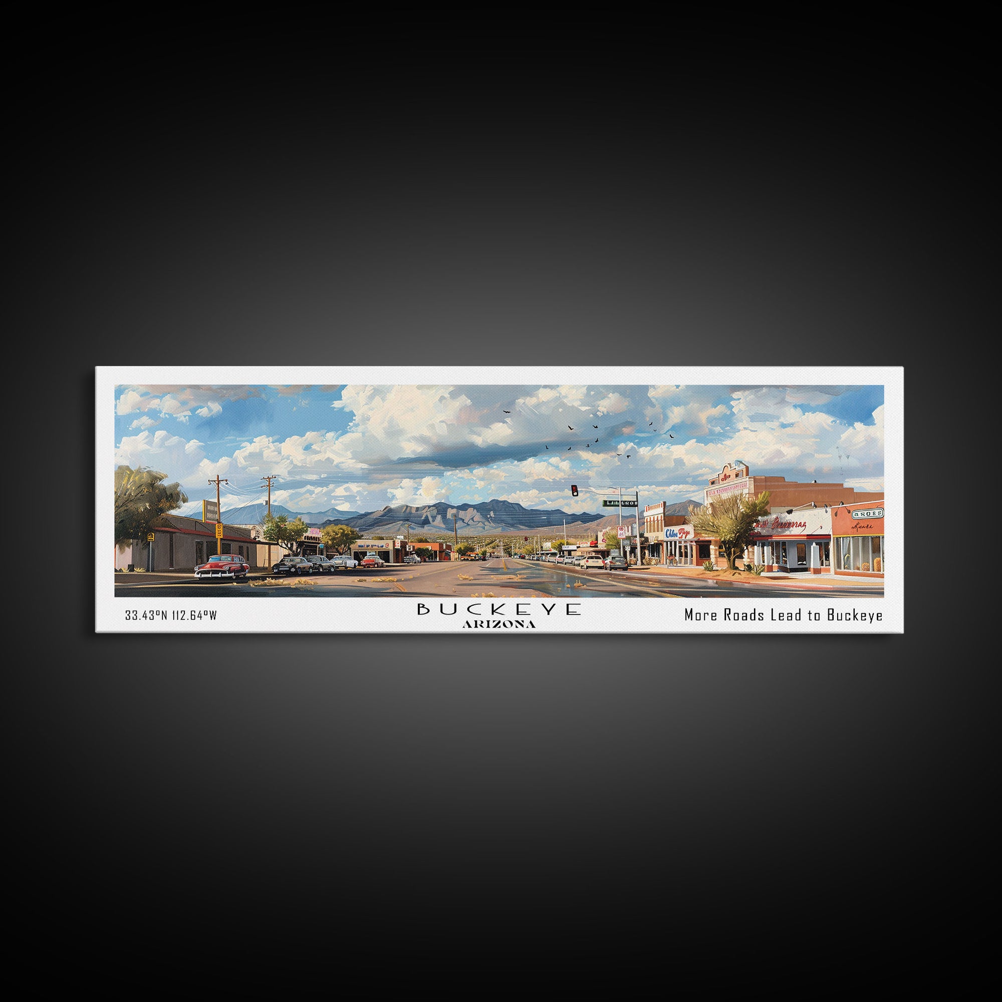 Buckeye Arizona Panoramic Watercolor Painting Framed Canvas Print, Travel Poster Art, Home Decor, Vibrant Arizona Cityscape, Office Decoration, Living Room Wall Art, Unique Gift