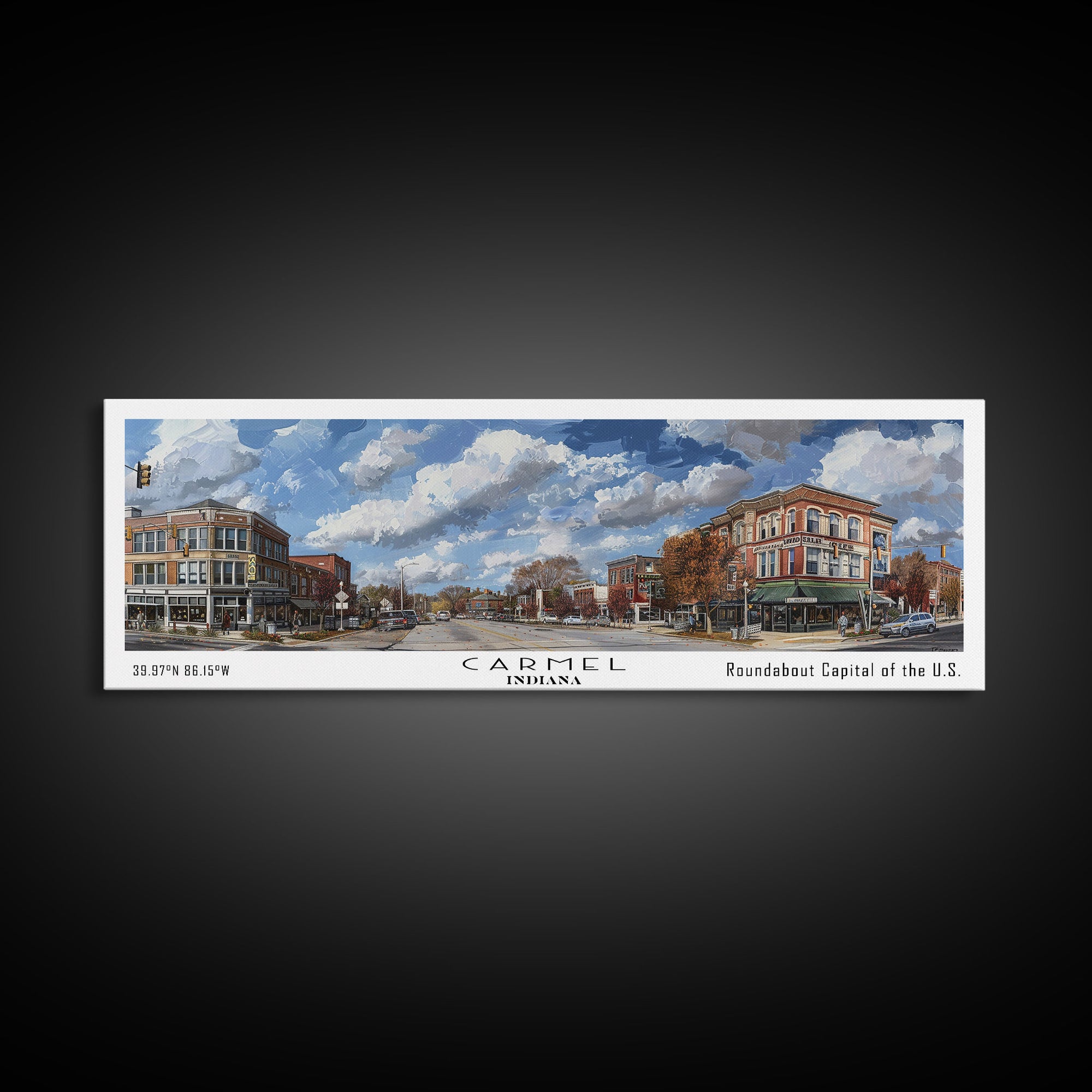 Carmel Indiana Panoramic Watercolor Painting Framed Canvas Print, Travel Poster Art, Home Decor, Picturesque Indiana Cityscape, Living Room Wall Art, Office Decoration, Gift for Art Lovers
