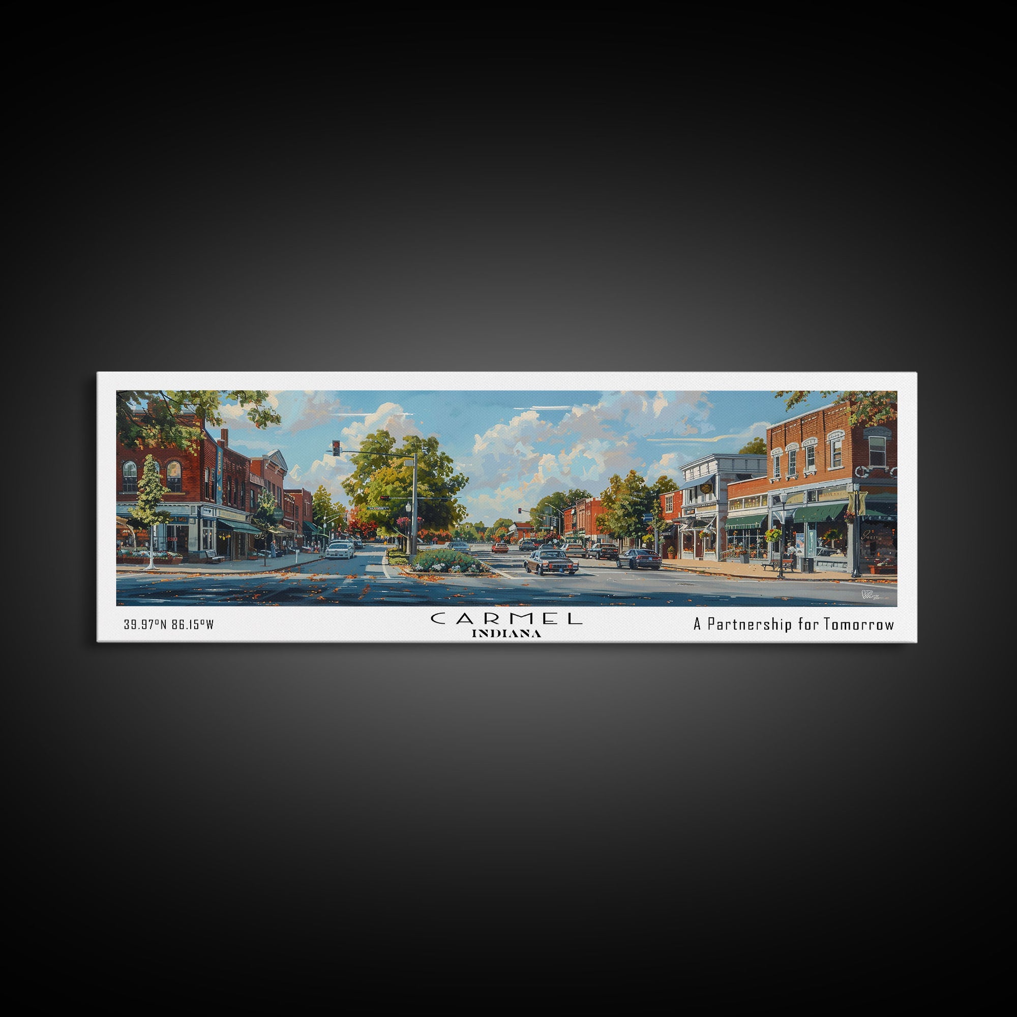 Carmel Indiana Panoramic Watercolor Painting Framed Canvas Print, Travel Poster Art, Charming Cityscape, Home Decor, Bedroom Wall Art, Office Decoration, Unique Travel Gift