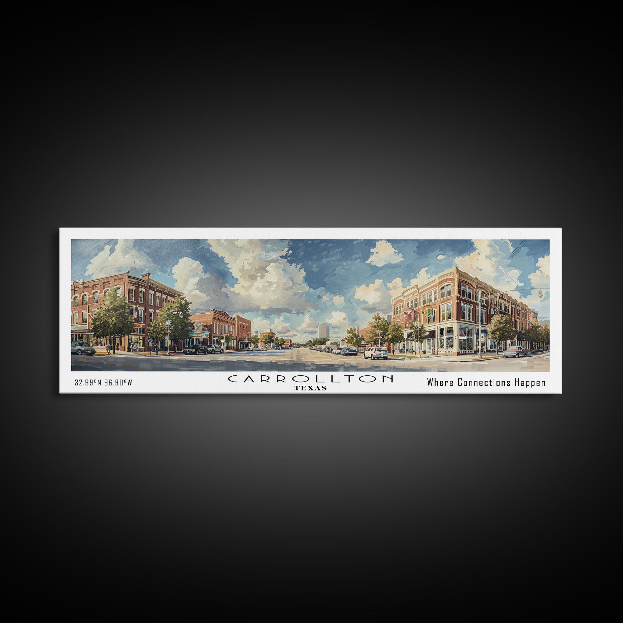 Carrolton Texas Panoramic Watercolor Painting Framed Canvas Print, Travel Poster Art, Home Decor, Vibrant Texas Cityscape, Living Room Wall Art, Office Decoration, Gift for Texans