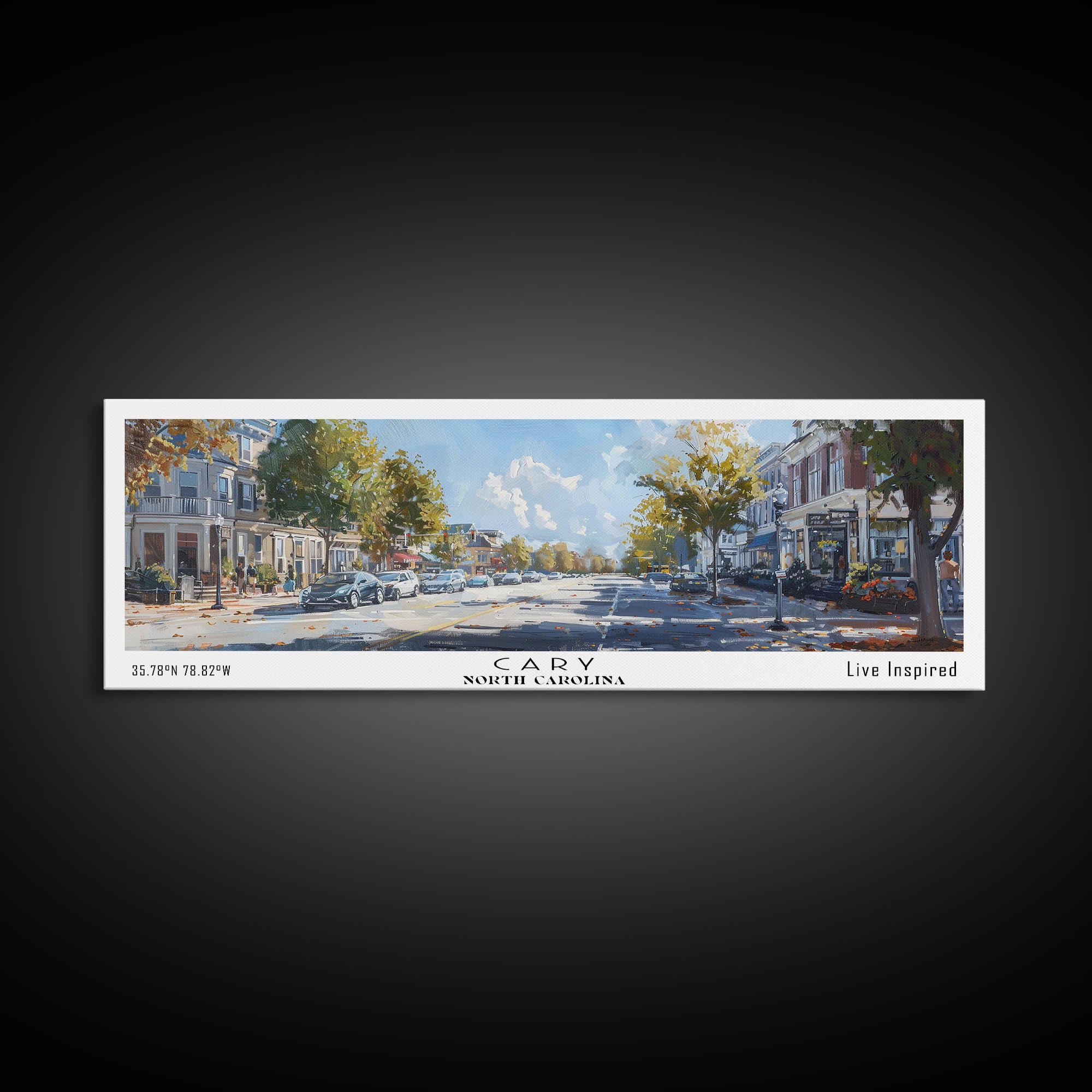 Cary North Carolina Panoramic Watercolor Painting Framed Canvas Print, Travel Poster Art, Home Decor, Picturesque North Carolina Landscape, Living Room Wall Art, Office Decoration, North Carolina Gift