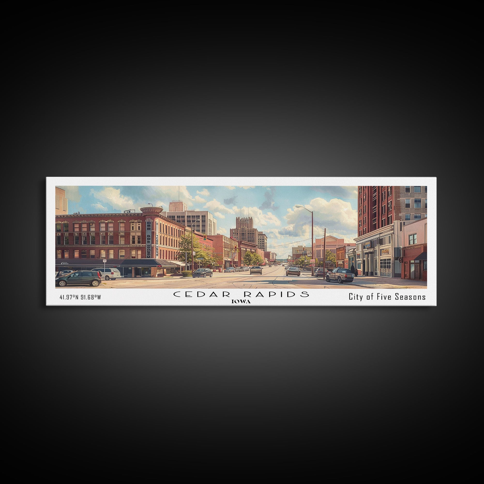 Cedar Rapids Iowa Panoramic Watercolor Painting Framed Canvas Print, Travel Poster Art, Home Decor, Iowa Cityscape, Living Room Decoration, Office Wall Art, Gift for Iowans