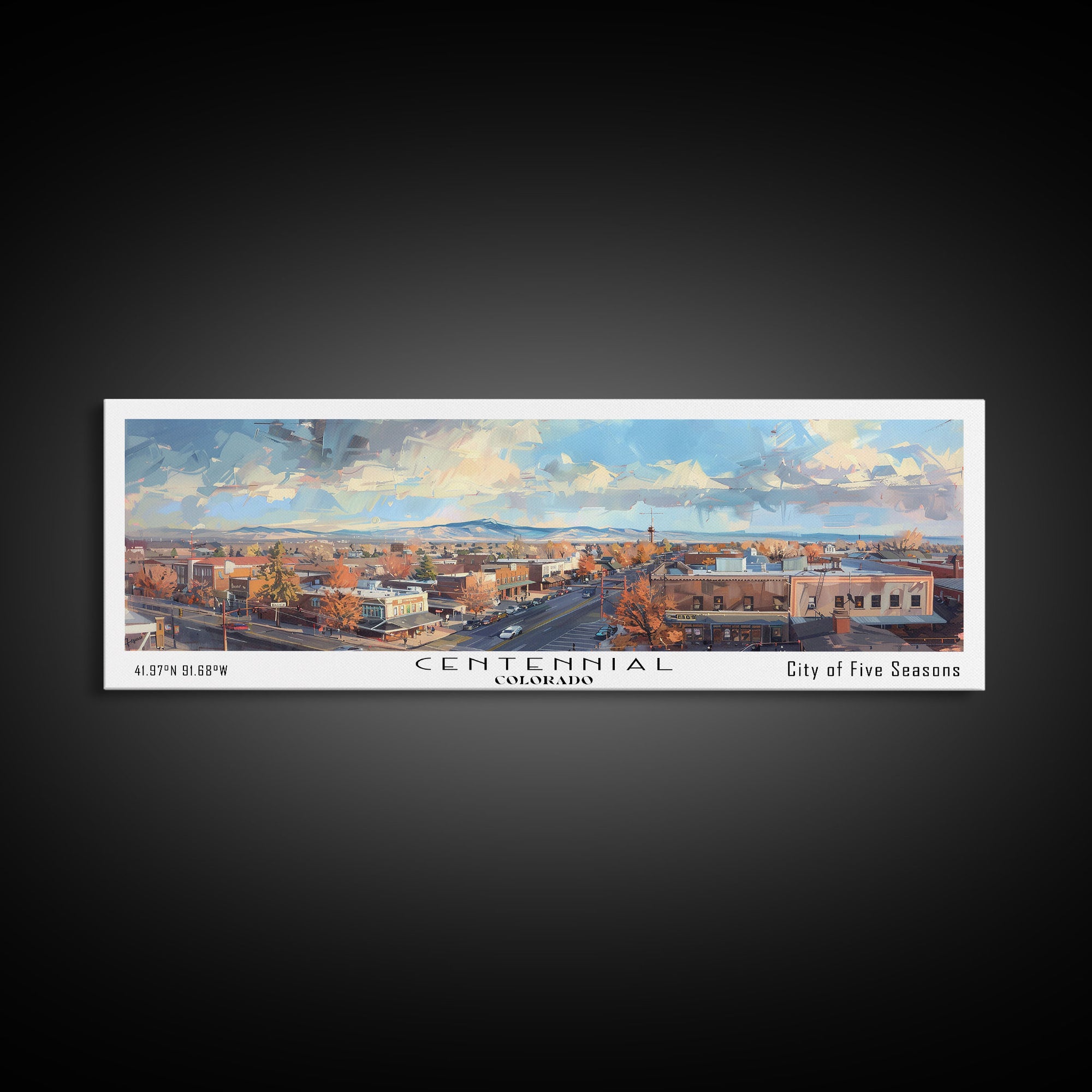 Centennial Colorado Panoramic Watercolor Painting Framed Canvas Print, Travel Poster Art, Home Decor, Mountain Cityscape, Bedroom Wall Art, Office Decoration, Unique Travel Gift