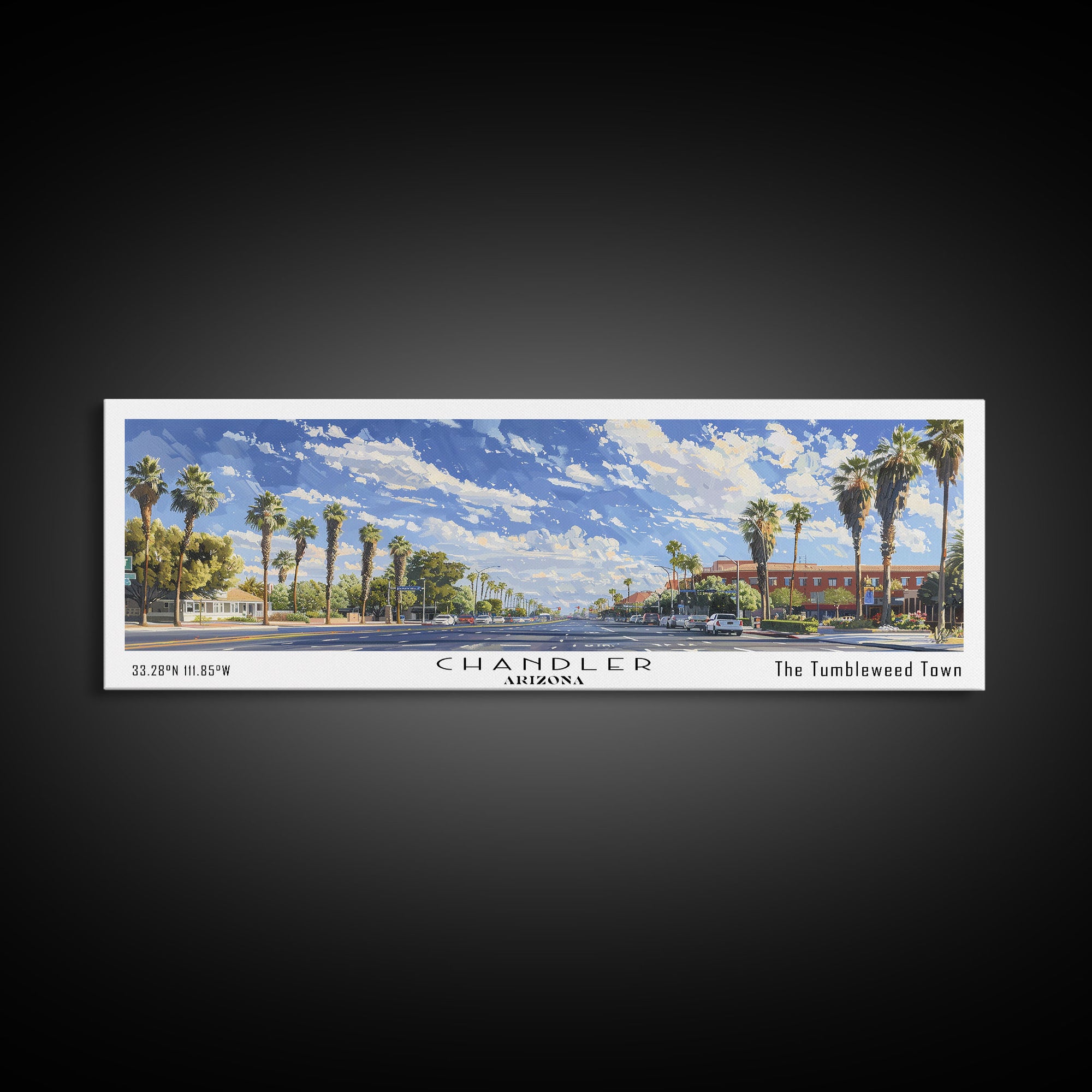 Chandler Arizona Panoramic Watercolor Painting Framed Canvas Print, Travel Poster Art, Home Decor, Vibrant Arizona Cityscape, Living Room Wall Art, Office Decoration, Gift for Art Lovers
