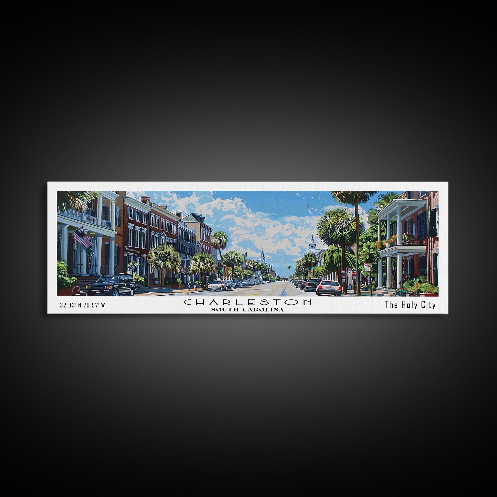 Charleston South Carolina Panoramic Watercolor Painting Framed Canvas Print, Travel Poster Art, Coastal Cityscape, Living Room Decor, Wall Hanging, Office Art, Southern Charm Gift