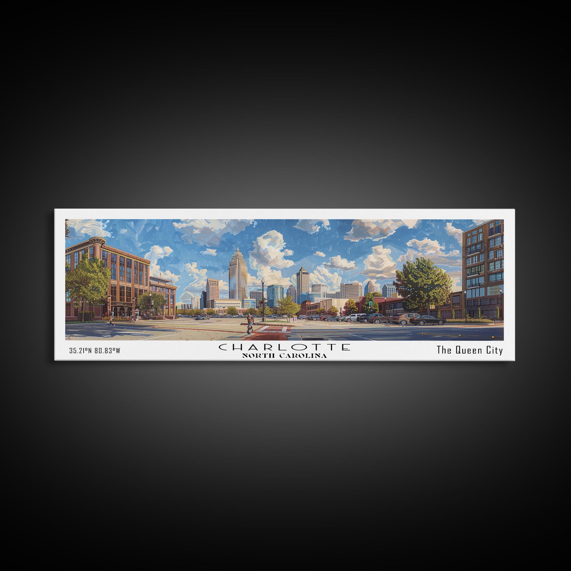 Charlotte North Carolina Panoramic Watercolor Painting Framed Canvas Print, Travel Poster Art, Urban Cityscape, Living Room Decor, Wall Art, Office Decoration, North Carolina Gift
