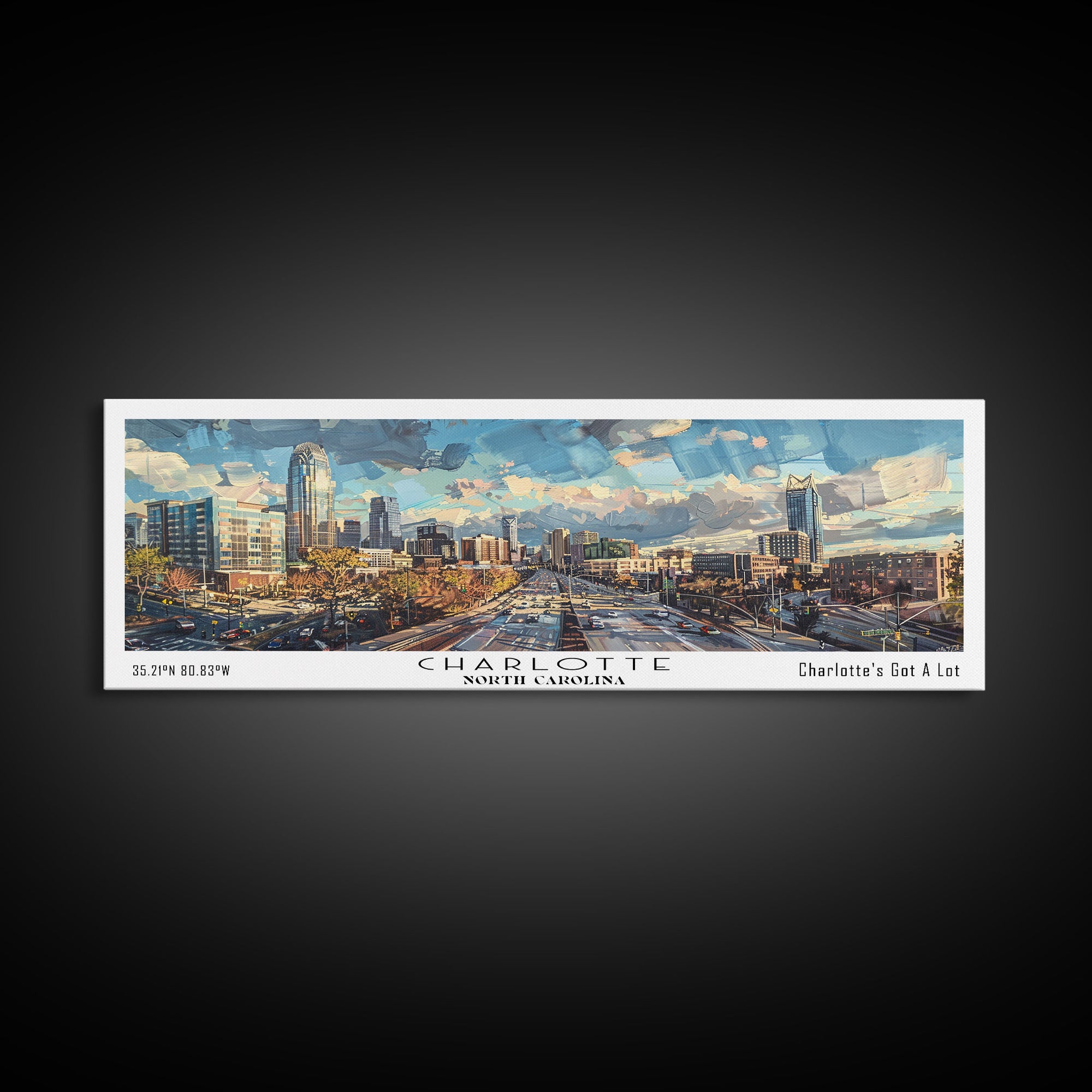 Charlotte North Carolina Panoramic Watercolor Painting Framed Canvas Print, Travel Poster Art, Urban Landscape, Home Decor, Bedroom Wall Art, Office Decoration, Unique Travel Gift