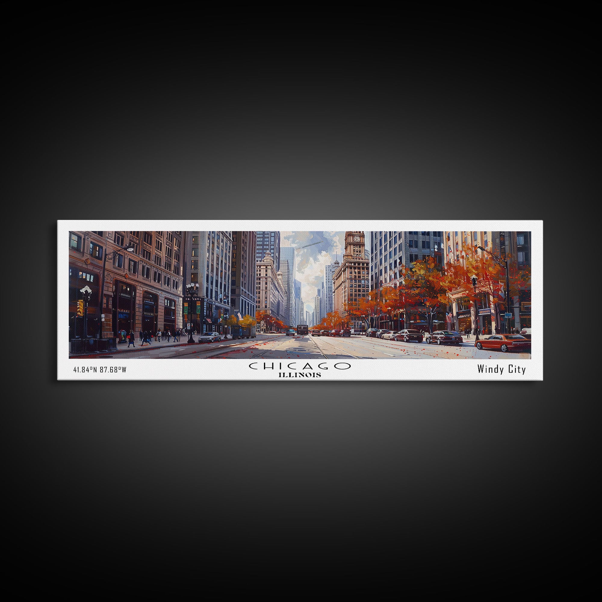 Chicago Illinois Panoramic Watercolor Painting Framed Canvas Print, Travel Poster Art, Urban Cityscape, Home Decor, Living Room Wall Art, Office Decoration, Gift for Chicago Lovers