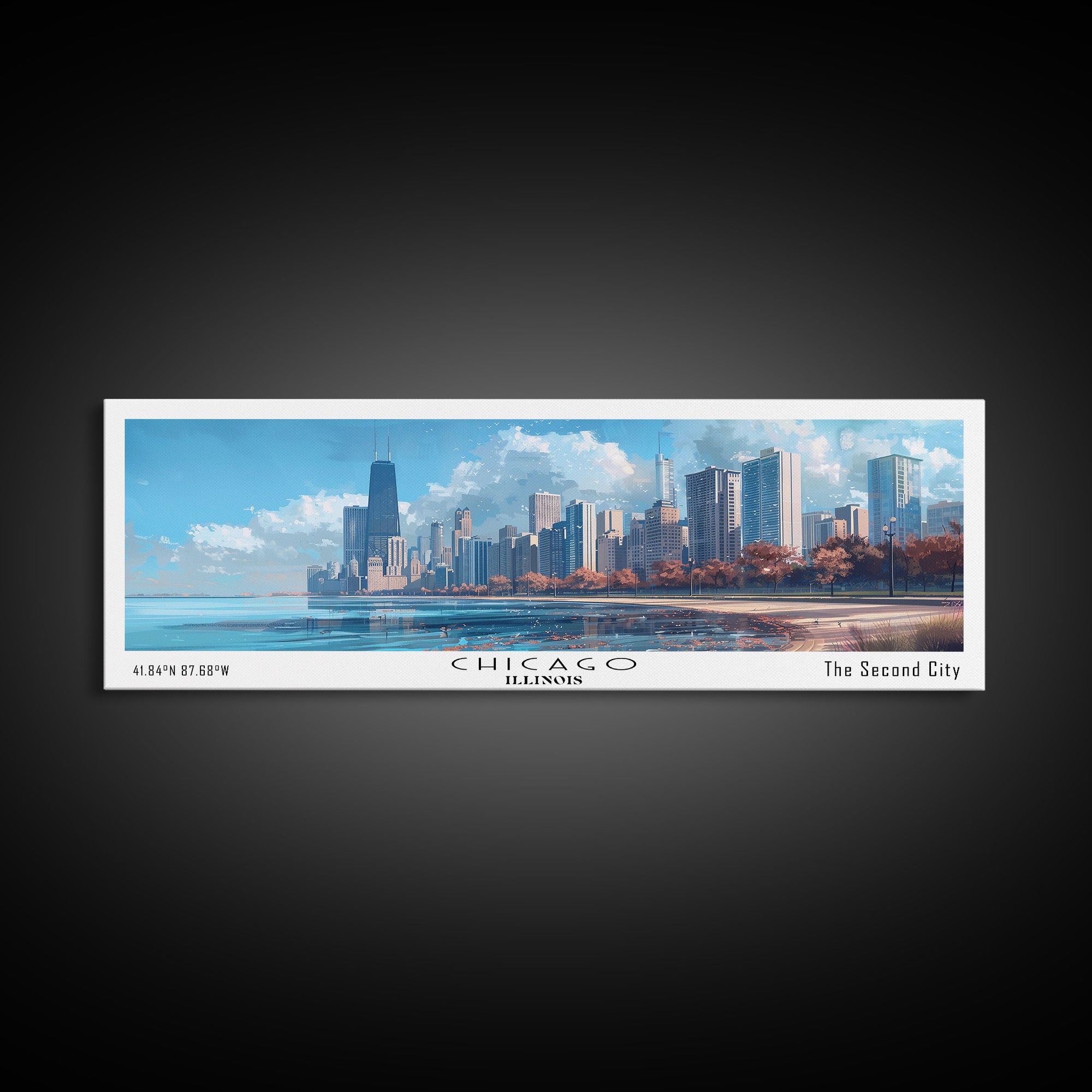 Chicago Illinois Panoramic Watercolor Painting Framed Canvas Print, Travel Poster Art, Urban Landscape, Bedroom Wall Art, Living Room Decoration, Office Wall Art, Windy City Gift