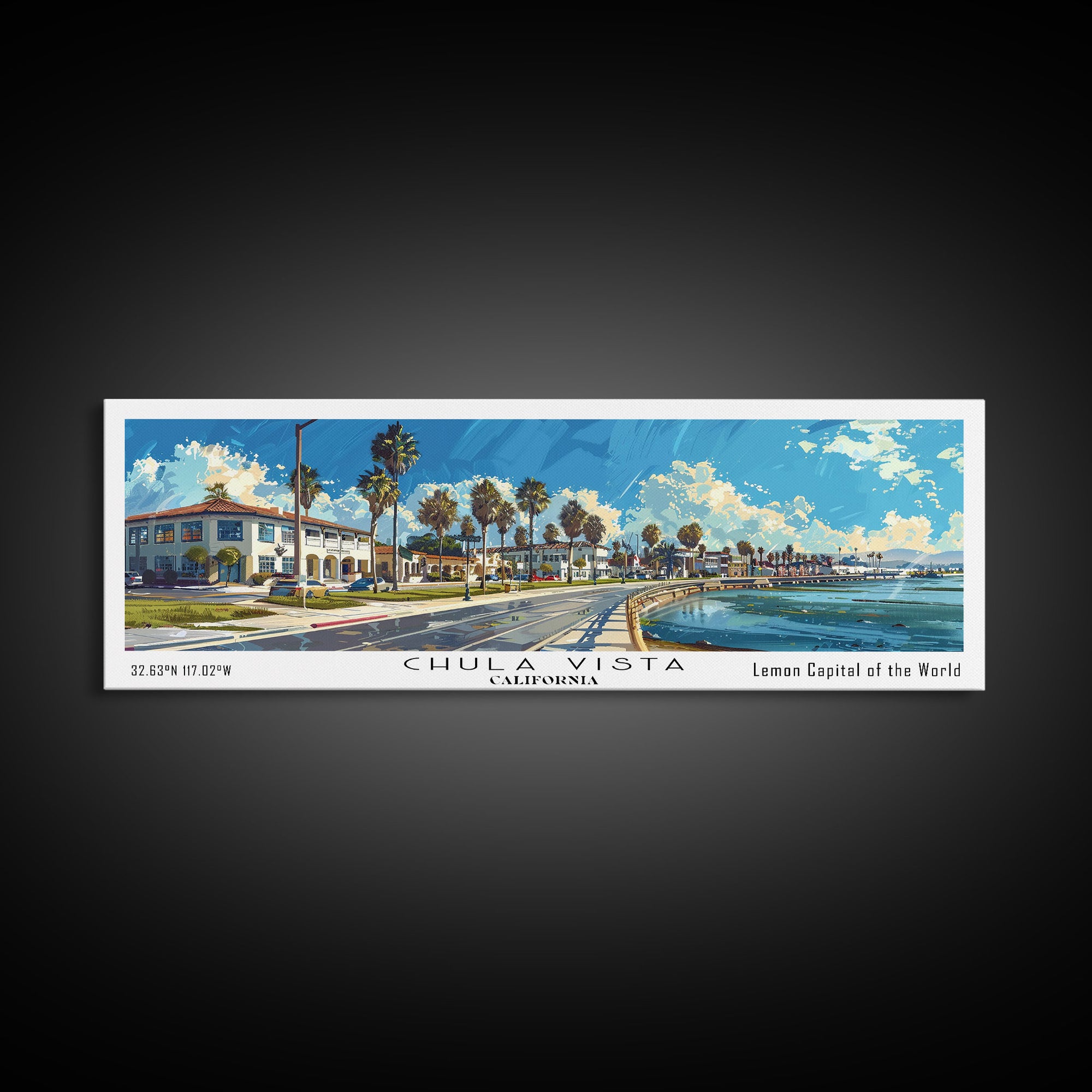 Chula Vista California Panoramic Watercolor Painting Framed Canvas Print, Travel Poster Art, Coastal View, Home Decor, Wall Hanging, Office Art, Gift for Coastal Lovers
