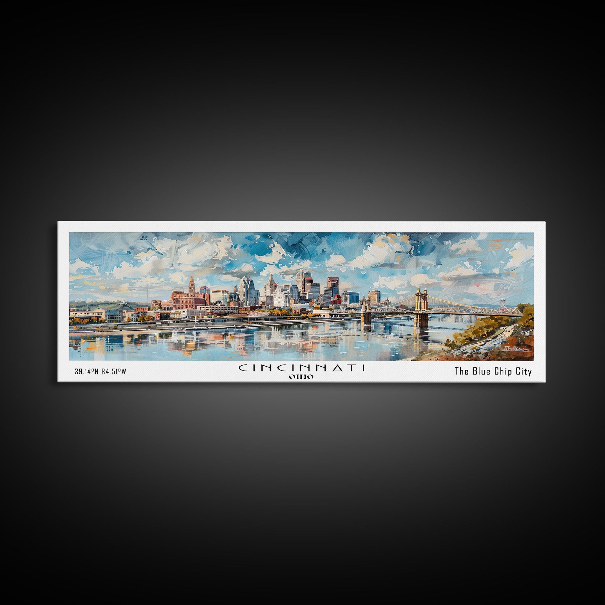 Cincinnati Ohio Panoramic Watercolor Painting Framed Canvas Print, Travel Poster Art, Urban Cityscape, Home Decor, Living Room Wall Art, Office Decoration, Gift for Ohioans