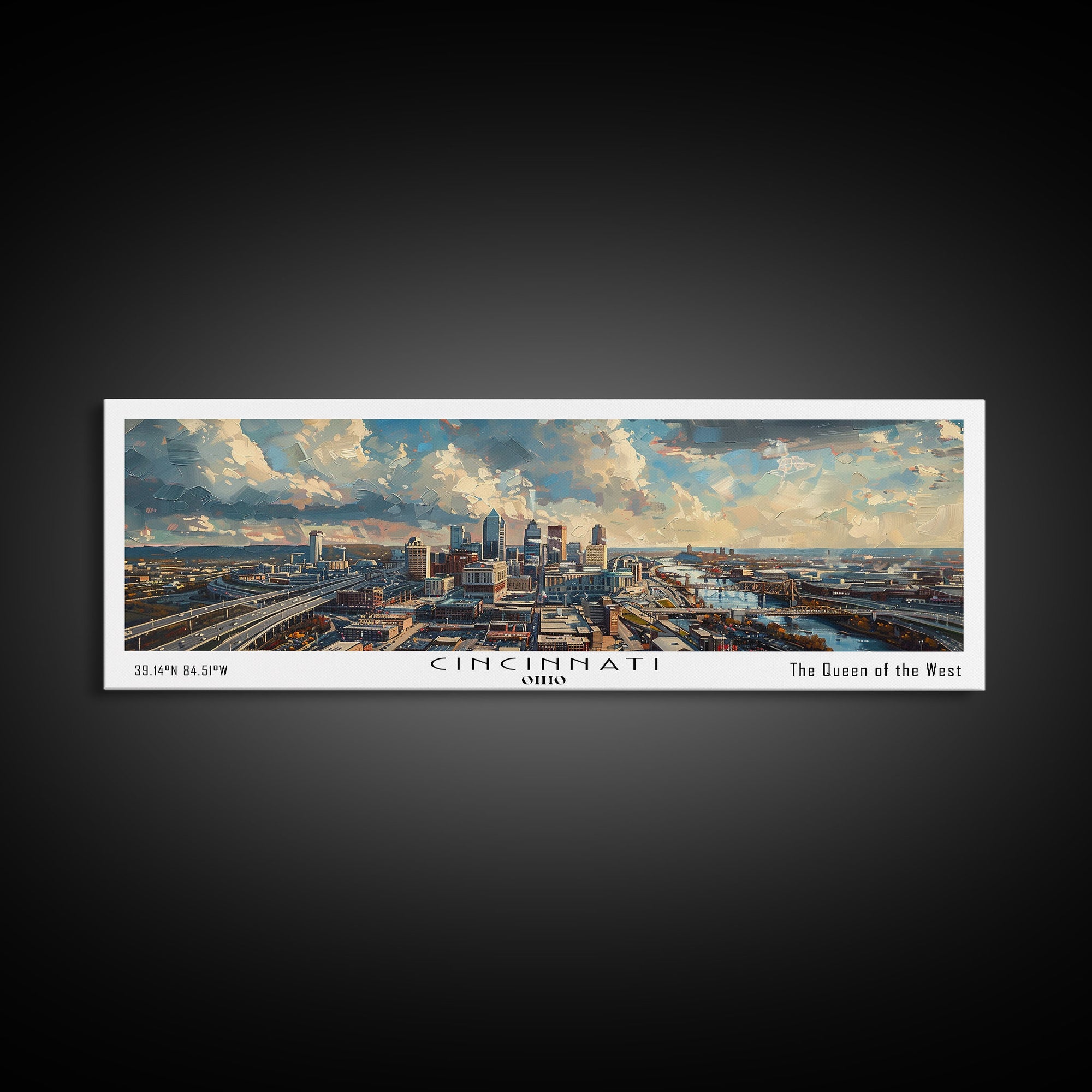 Cincinnati Ohio Panoramic Watercolor Painting Framed Canvas Print, Travel Poster Art, Urban Landscape, Bedroom Wall Art, Living Room Decoration, Office Wall Art, Ohio-Themed Gift