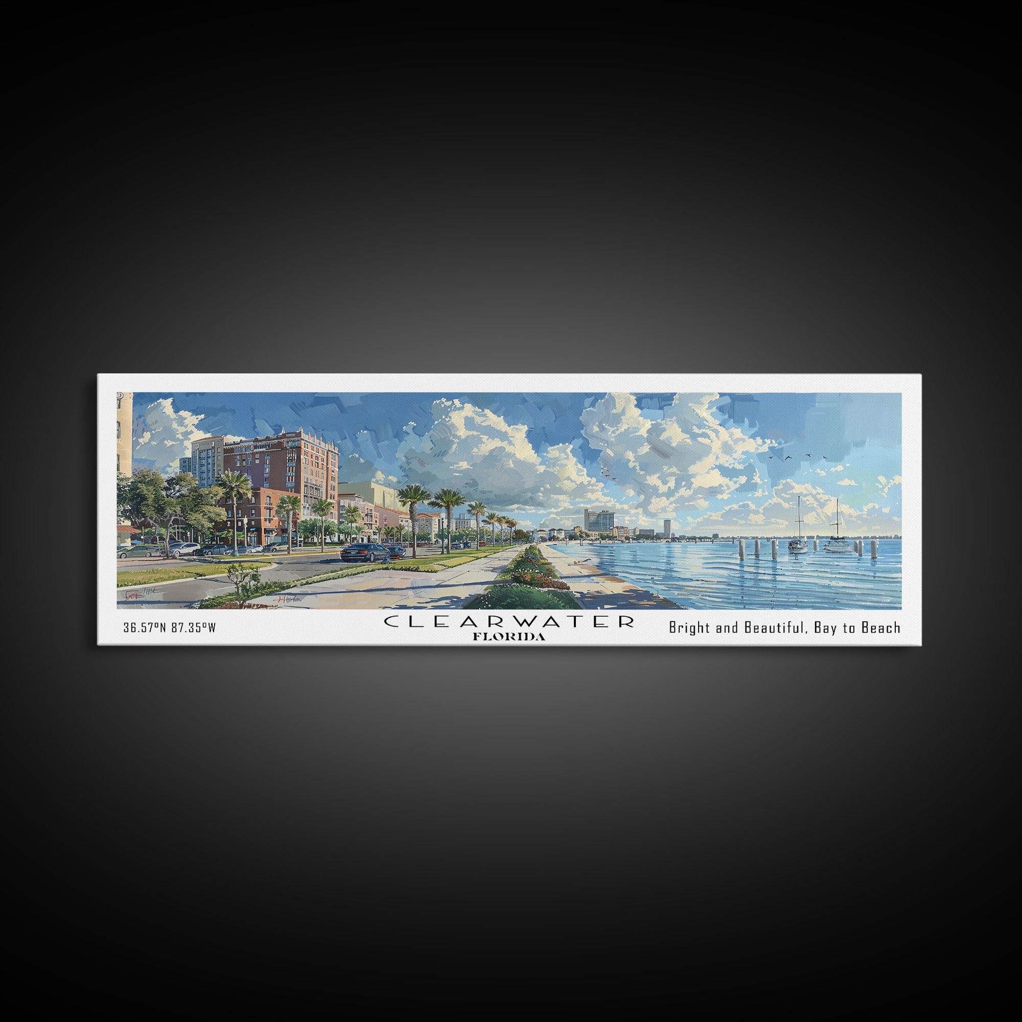 Clearwater Florida Panoramic Watercolor Painting Framed Canvas Print, Travel Poster Art, Coastal View, Home Decor, Wall Hanging, Office Art, Gift for Beach Lovers