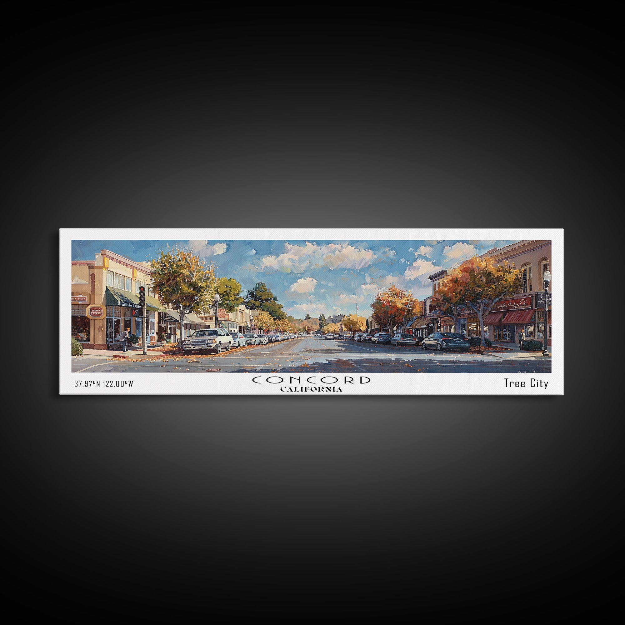Concord California Panoramic Watercolor Painting Framed Canvas Print, Travel Poster Art, Picturesque Landscape, Living Room Decor, Wall Art, Office Decoration, Unique Travel Gift