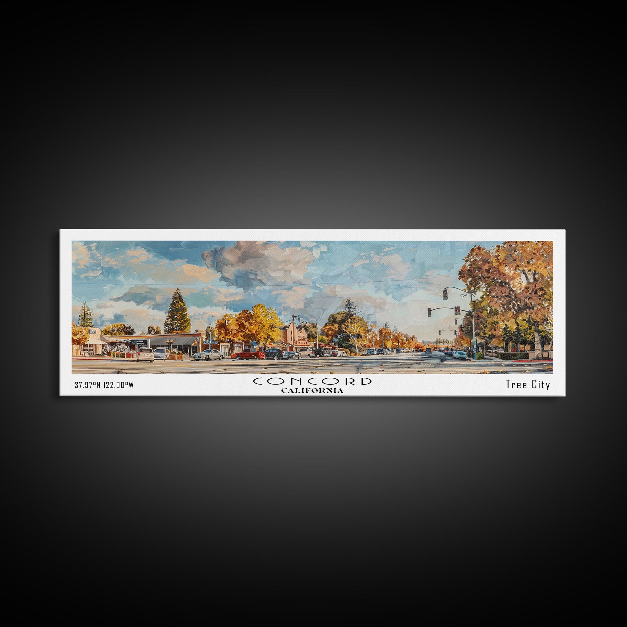 Concord California Panoramic Watercolor Painting Framed Canvas Print, Travel Poster Art, Urban Landscape, Bedroom Wall Art, Living Room Decoration, Office Wall Art, California-Themed Gift