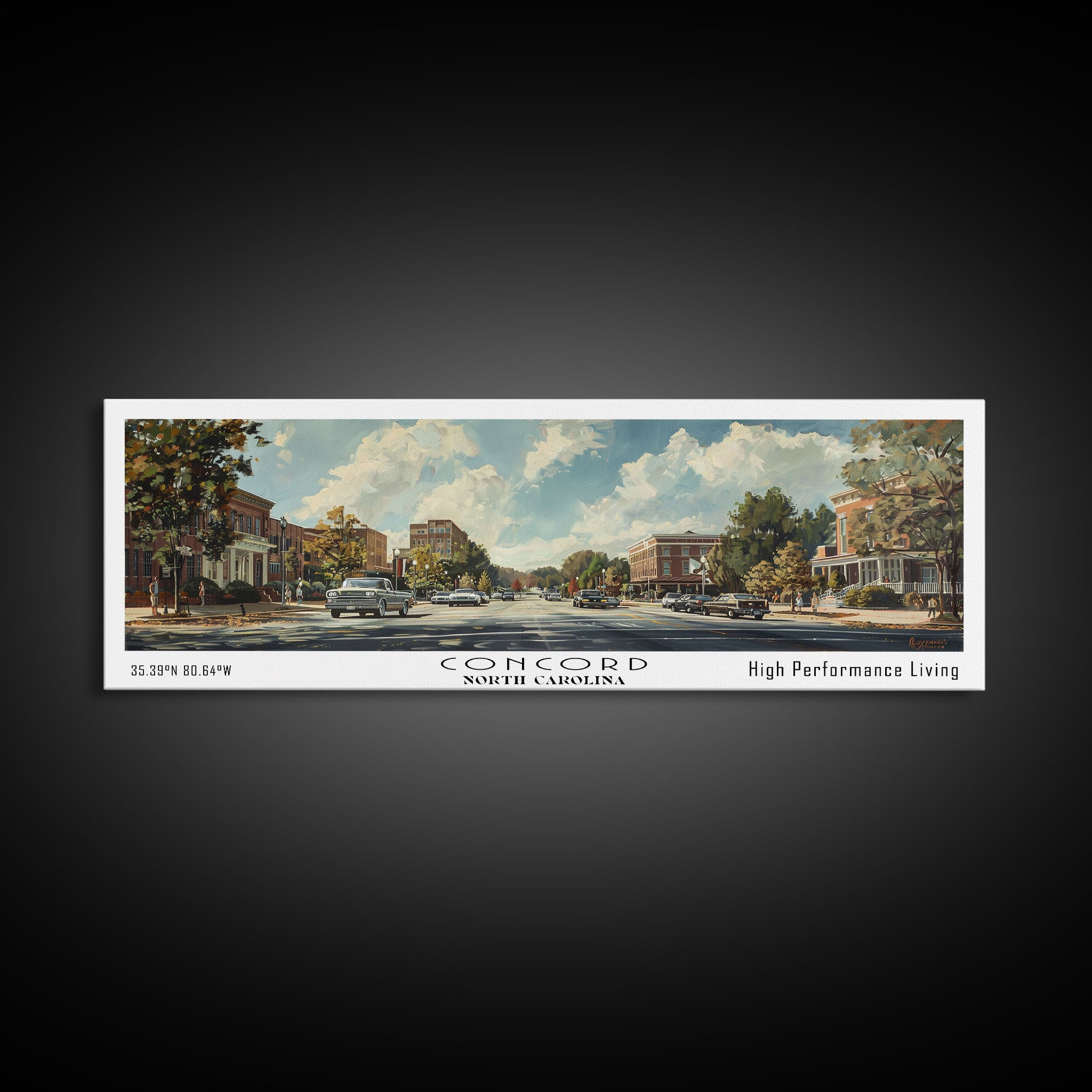 Concord North Carolina Panoramic Watercolor Painting Framed Canvas Print, Travel Poster Art, Urban Cityscape, Living Room Decor, Wall Hanging, Office Art, Southern Charm Gift