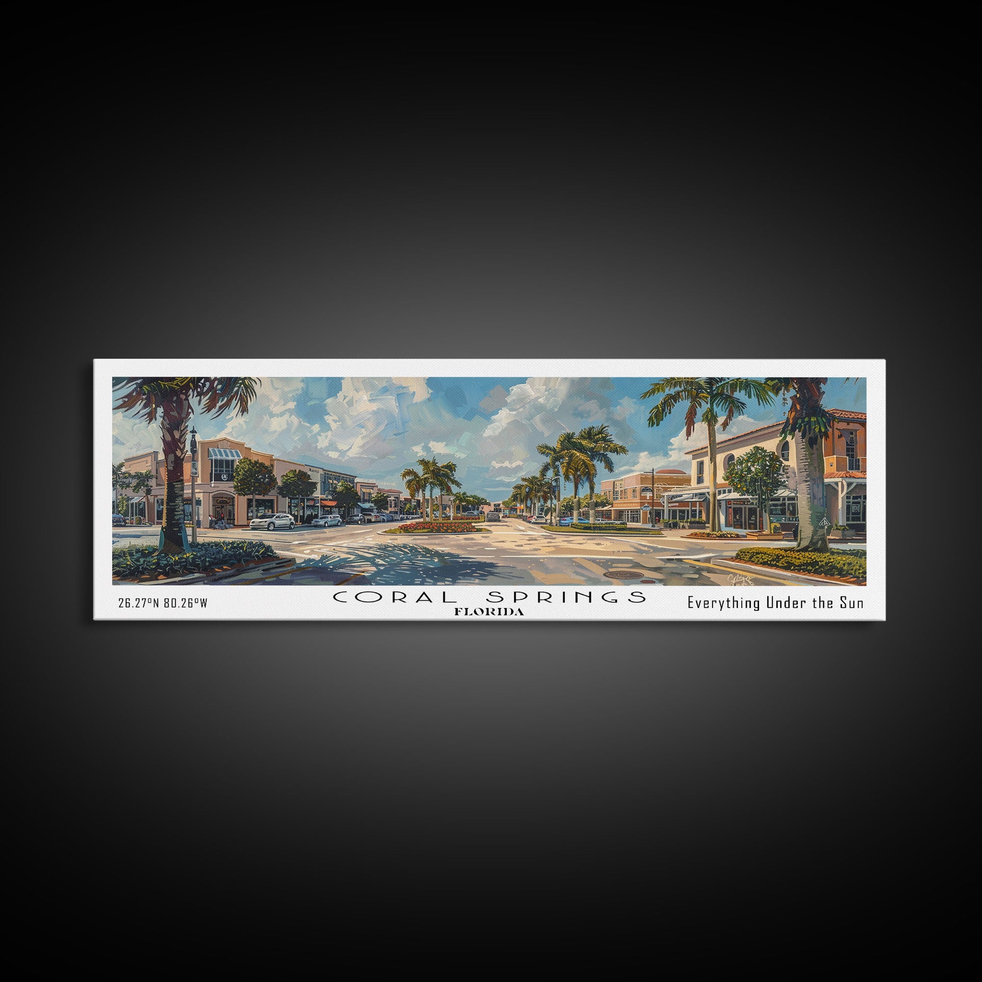 Coral Springs Florida Panoramic Watercolor Painting Framed Canvas Print, Travel Poster Art, Coastal View, Home Decor, Living Room Wall Art, Office Decoration, Gift for Beach Lovers