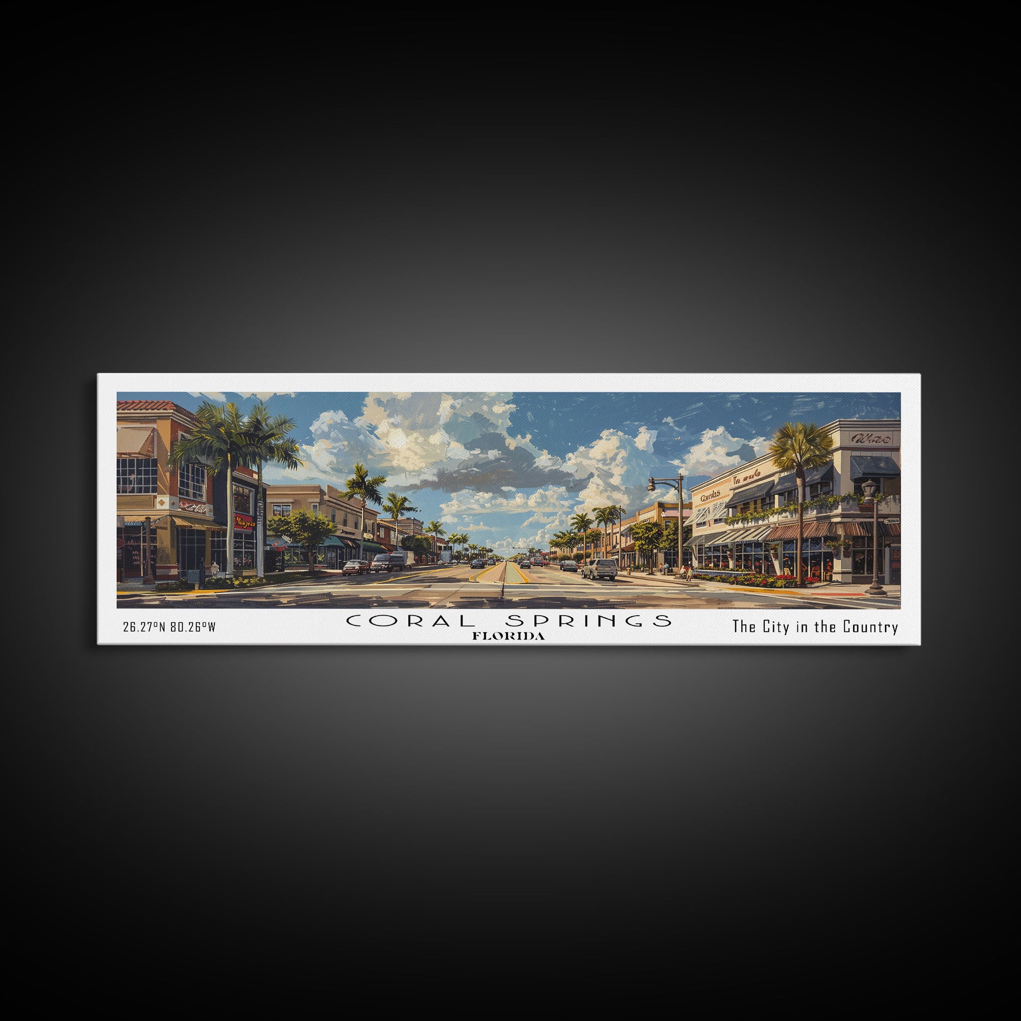 Coral Springs Florida Panoramic Watercolor Painting Framed Canvas Print, Travel Poster Art, Scenic Coastal View, Bedroom Wall Art, Living Room Decoration, Office Wall Art, Florida-Themed Gift