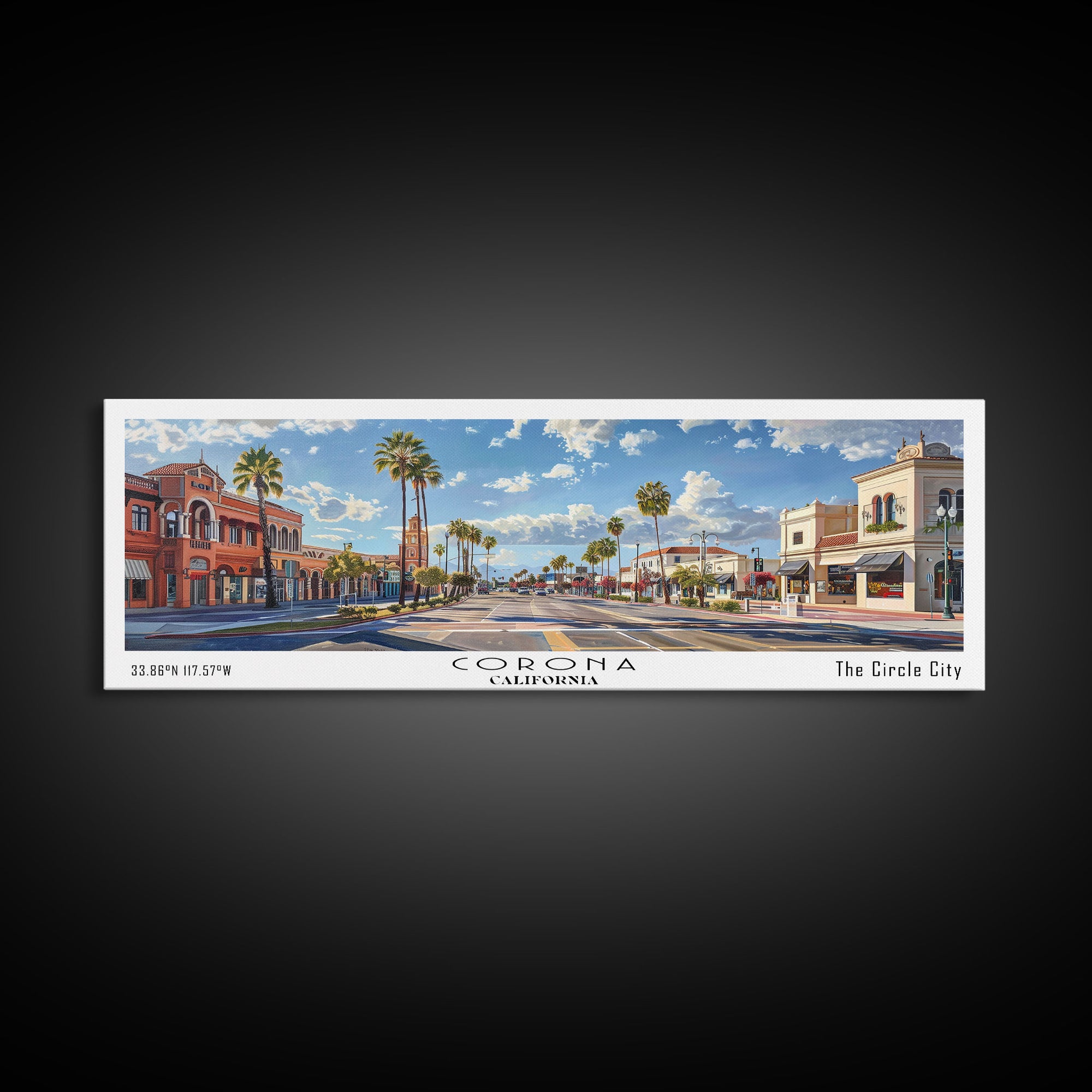 Corona California Panoramic Watercolor Painting Framed Canvas Print, Travel Poster Art, Urban Cityscape, Home Decor, Living Room Wall Art, Office Decoration, Gift for California Lovers