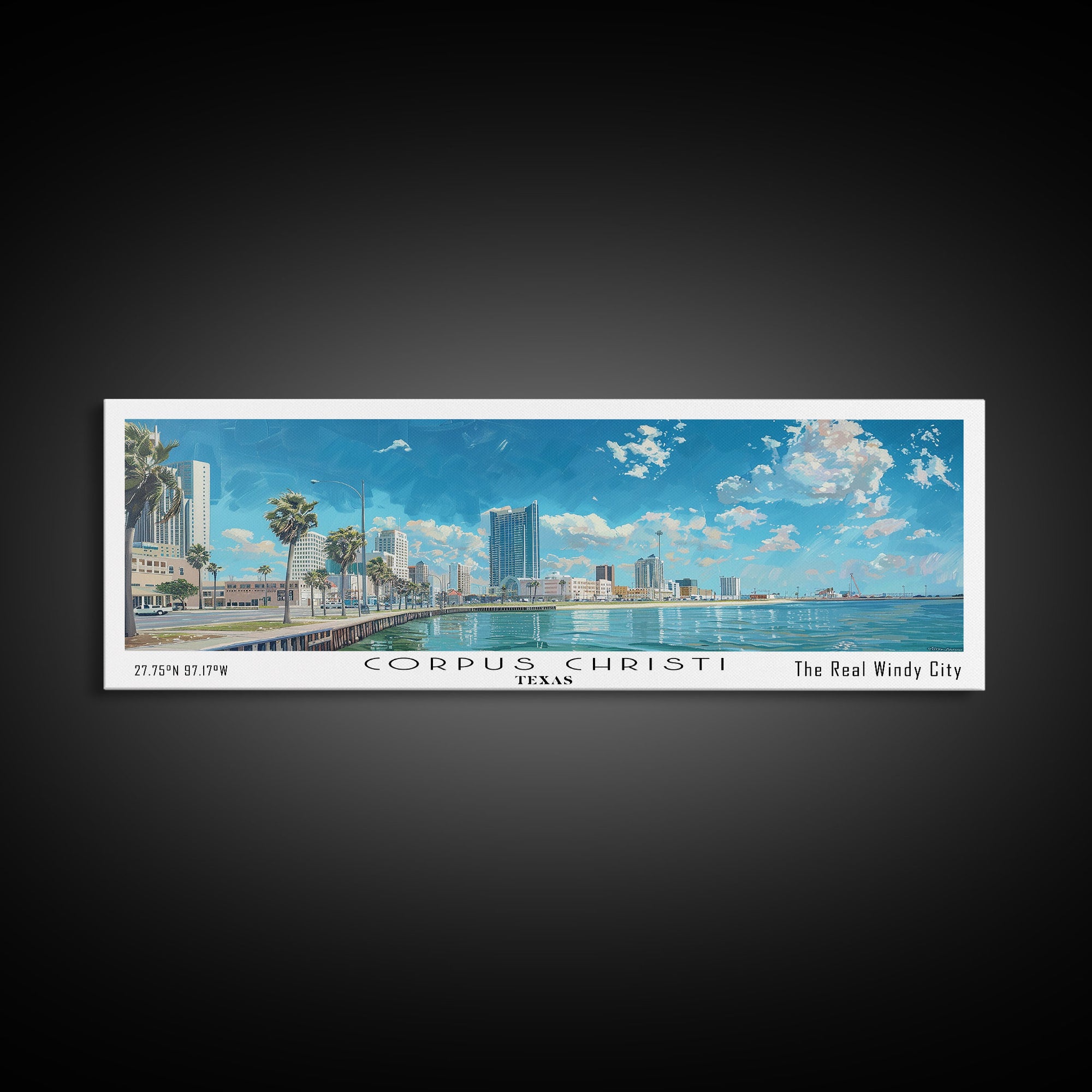 Corpus Christi Texas Panoramic Watercolor Painting, Scenic Framed Canvas Print, Coastal Wall Art for Living Room, Travel Decor, City Print, Vacation Gift