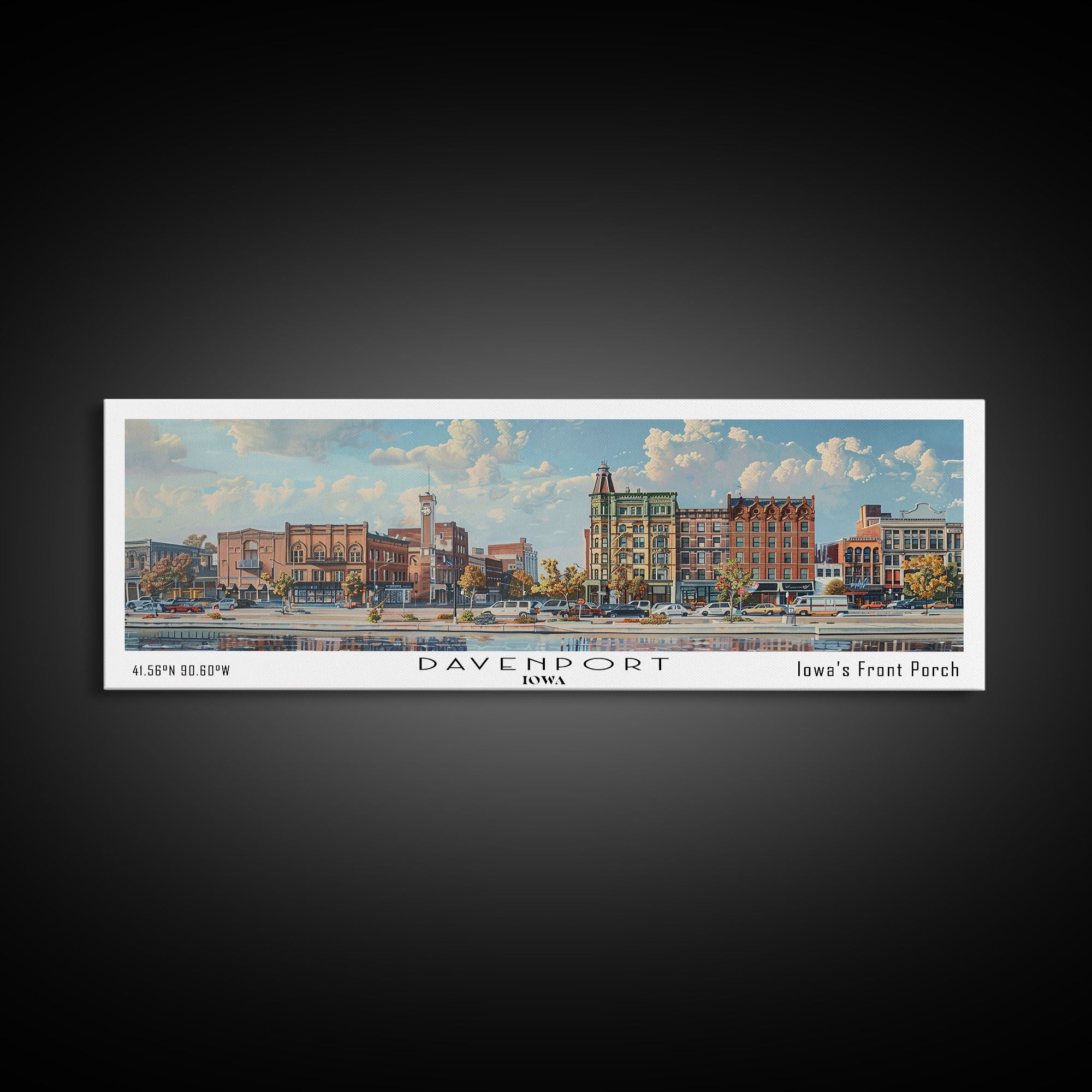 Davenport Iowa Panoramic Watercolor Painting, Scenic Framed Canvas Print, Urban Wall Art for Office, Travel Poster, Home Decor, City Gift Idea