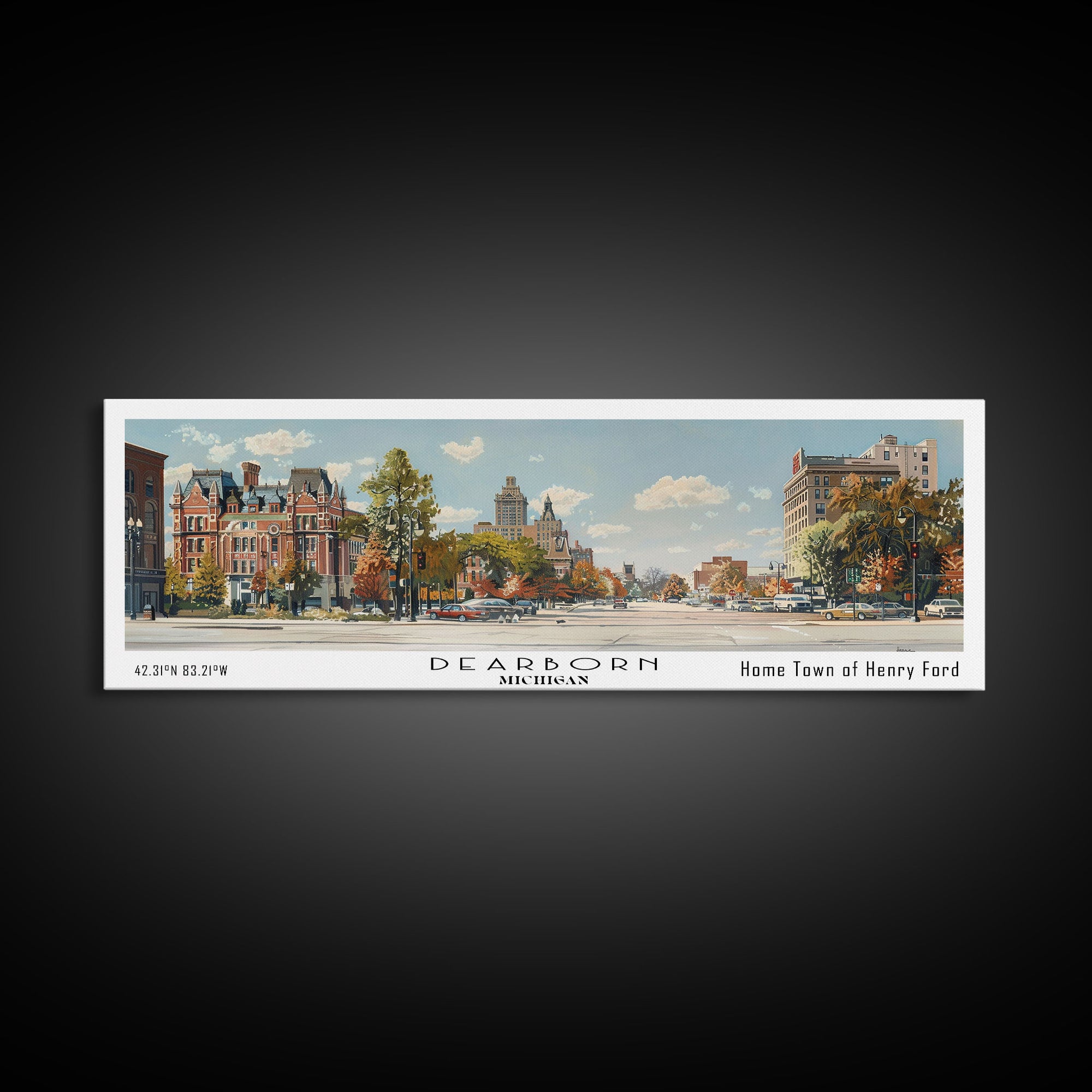 Dearborn Michigan Panoramic Watercolor Painting, Scenic Framed Canvas Print, Urban Wall Art for Living Room, Travel Decor, City Print, Gift Idea
