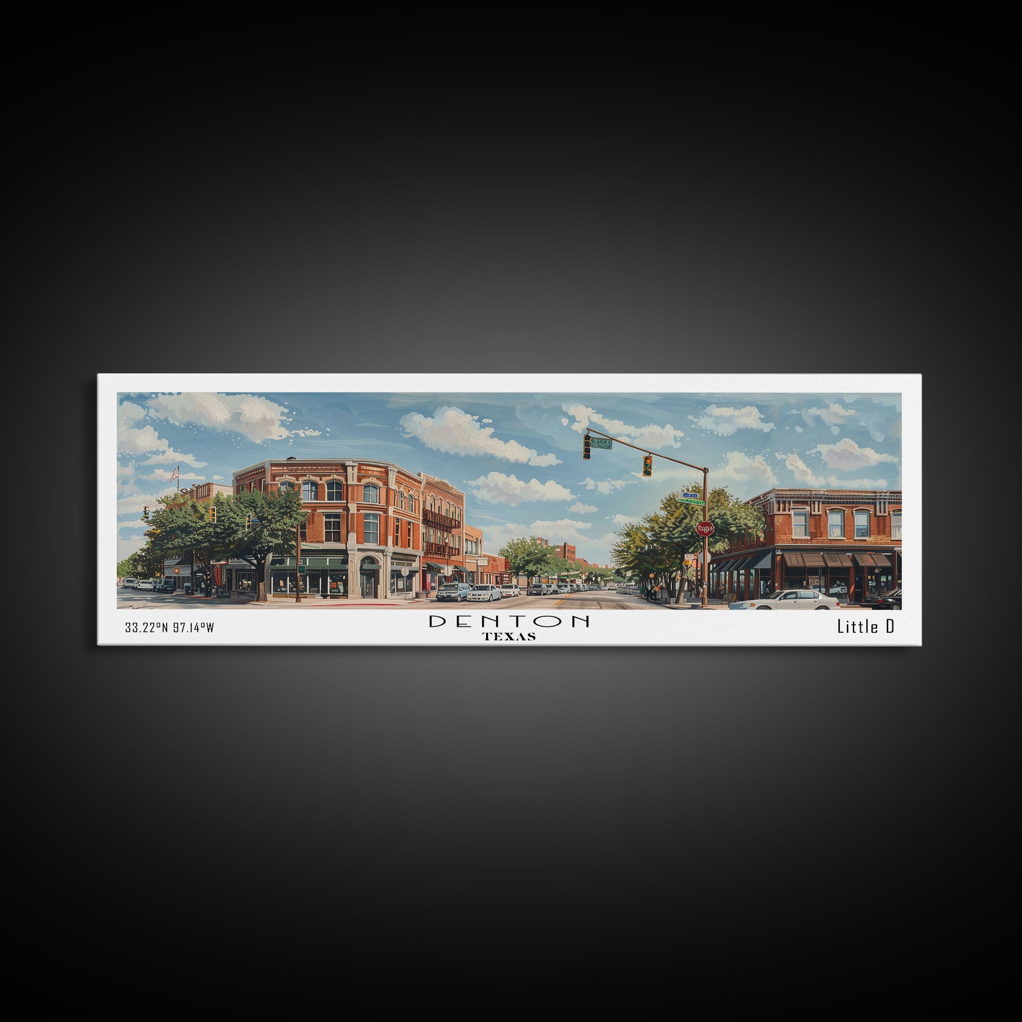 Denton Texas Panoramic Watercolor Painting, Scenic Framed Canvas Print, Urban Wall Art for Living Room, Travel Decor, City Print, Gift Idea