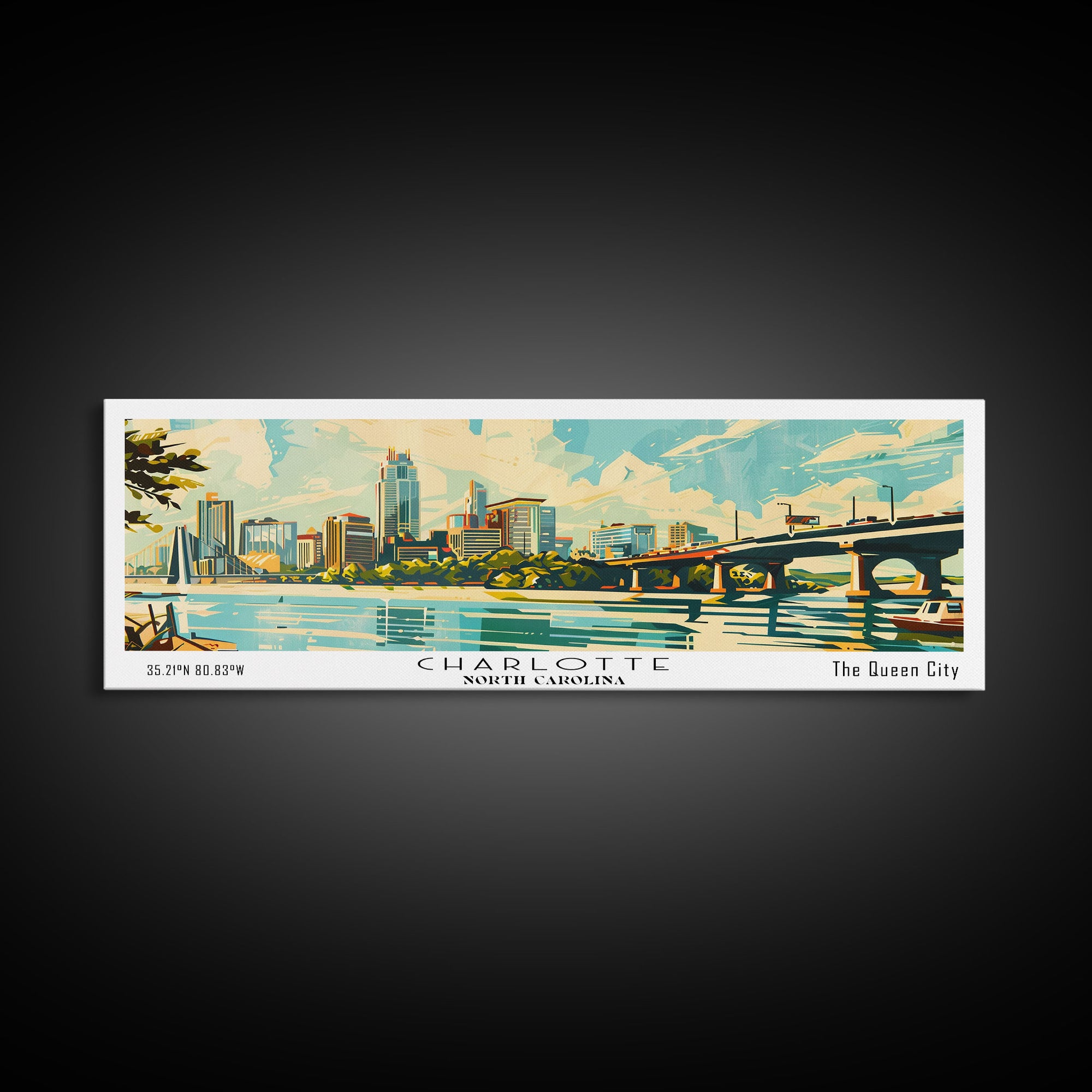 Charlotte North Carolina Panoramic Painting, Mid Century Modern Framed Canvas Print, Retro Pop Art Travel Poster, Wall Art, Home Decor, Office Art