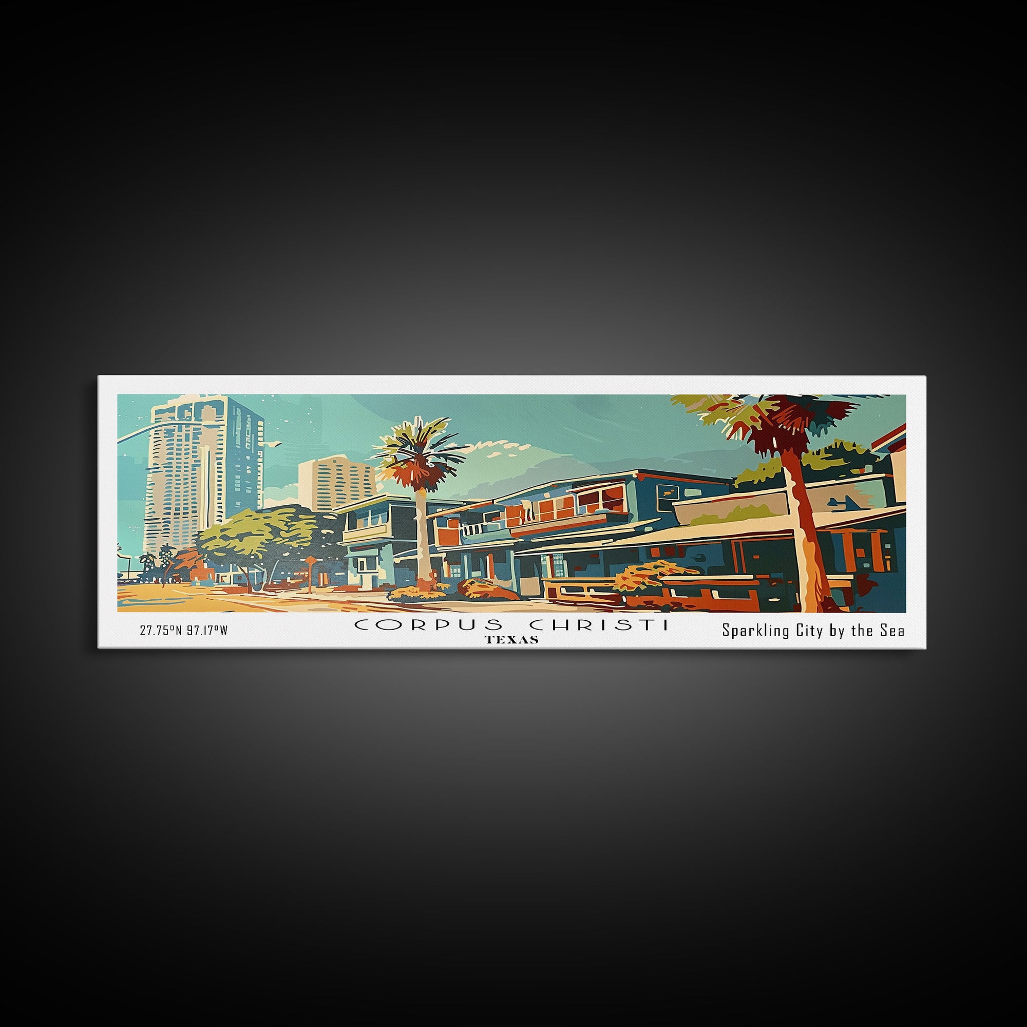 Corpus Christi Texas Panoramic Painting, Mid Century Modern Framed Canvas Print, Retro Pop Art Travel Poster, Wall Decor, Home Decor, Wall Hanging