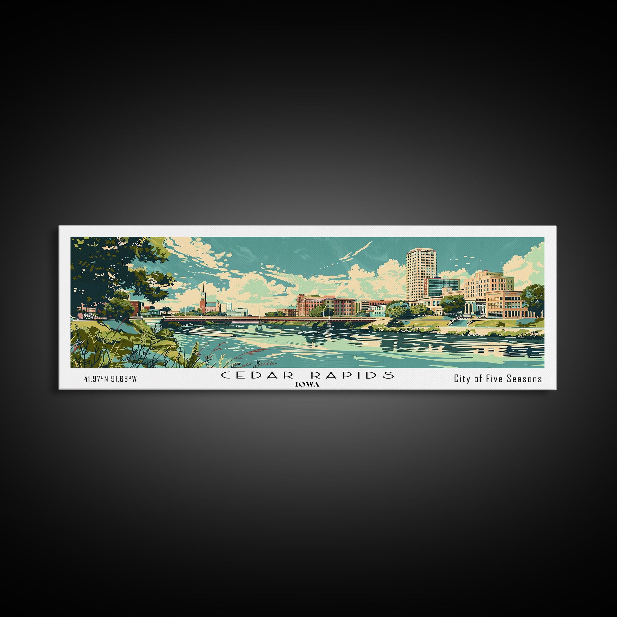 Cedar Rapids Iowa Panoramic Painting, Mid Century Modern Framed Canvas Print, Retro Pop Art Travel Poster, Living Room Wall Art Decor, City Print