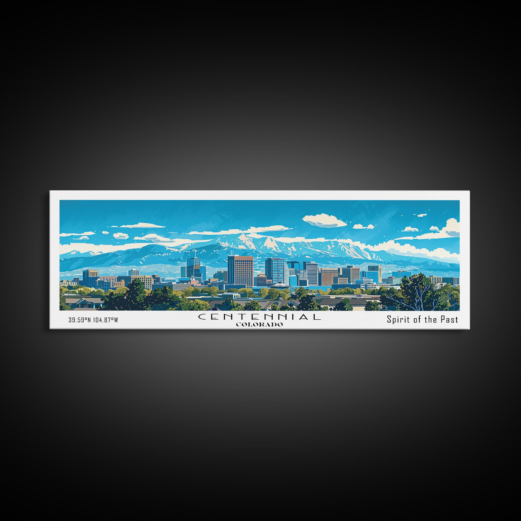 Centennial Colorado Panoramic Painting, Mid Century Modern Framed Canvas Print, Retro Pop Art Travel Poster, Office Wall Art Decor, City Art