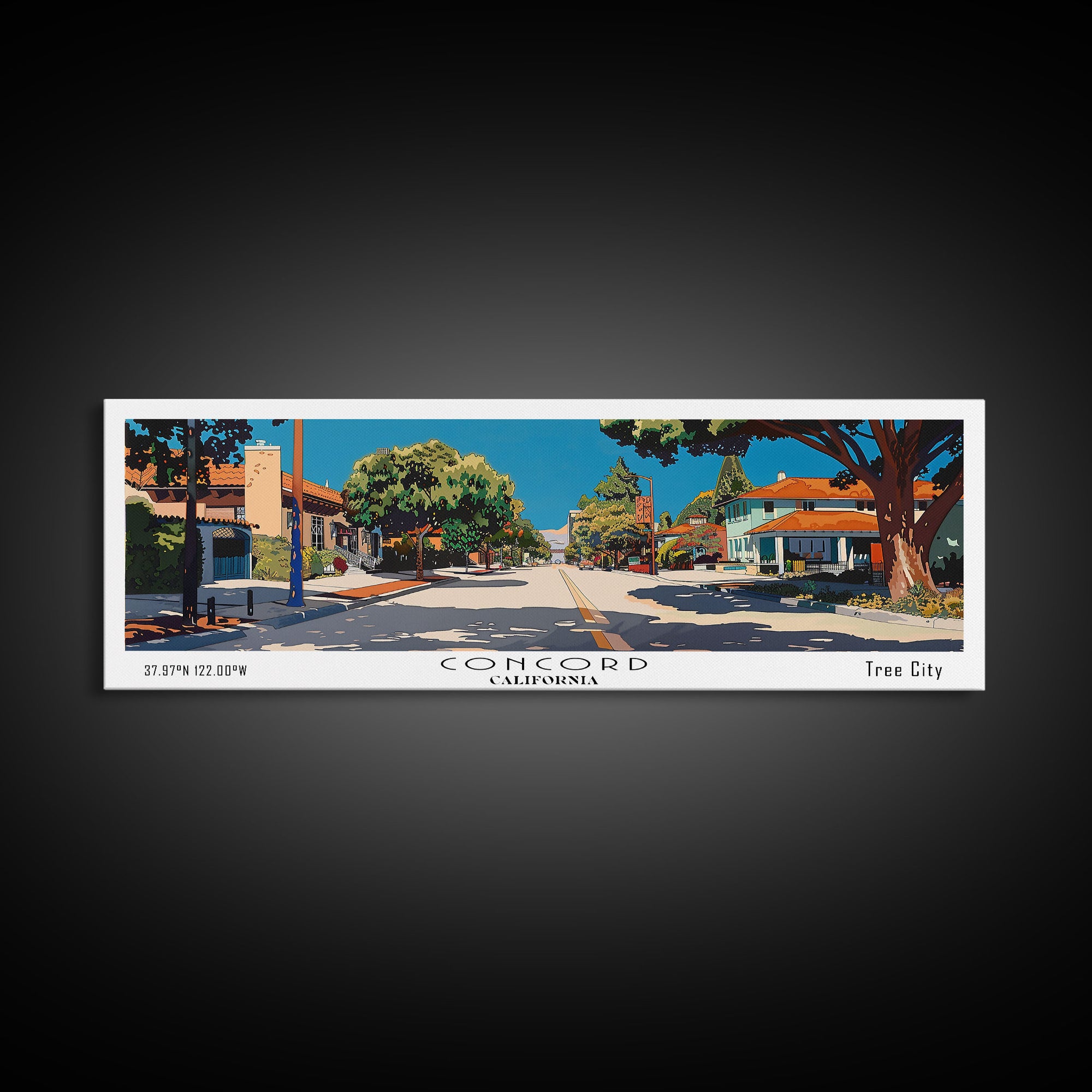 Concord California Panoramic Painting, Mid Century Modern Framed Canvas Print, Retro Pop Art Travel Poster, City Wall Decor, Office Decor
