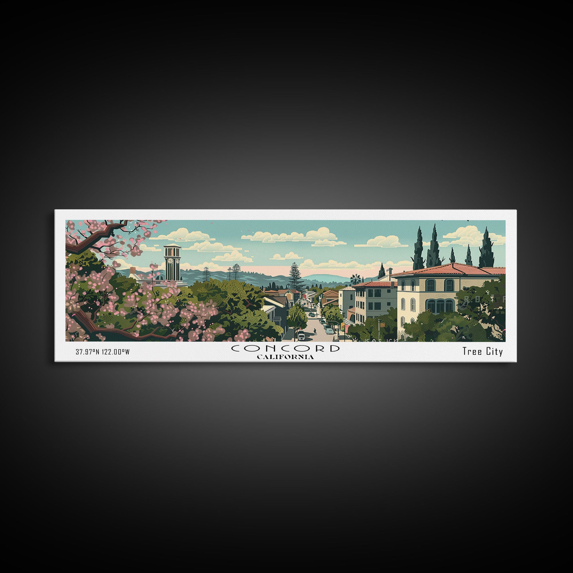 Concord California Panoramic Painting, Mid Century Modern Framed Canvas Print, Retro Pop Art Travel Poster, City Wall Decor, Office Decor