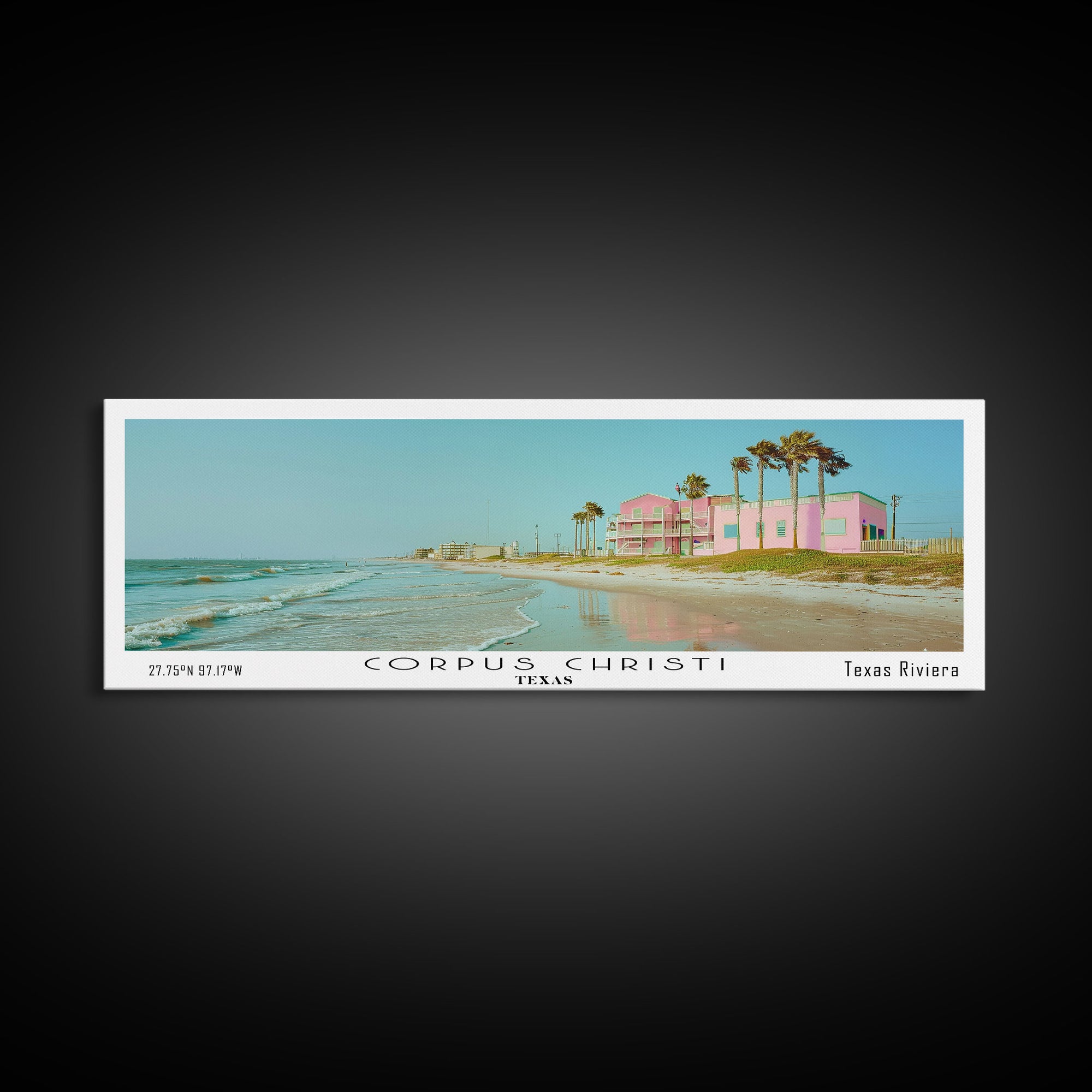 Corpus Christi Texas Panoramic Painting, Mid Century Modern Framed Canvas Print, Retro Pop Art Travel Poster, City Home Decor, Office Wall Art