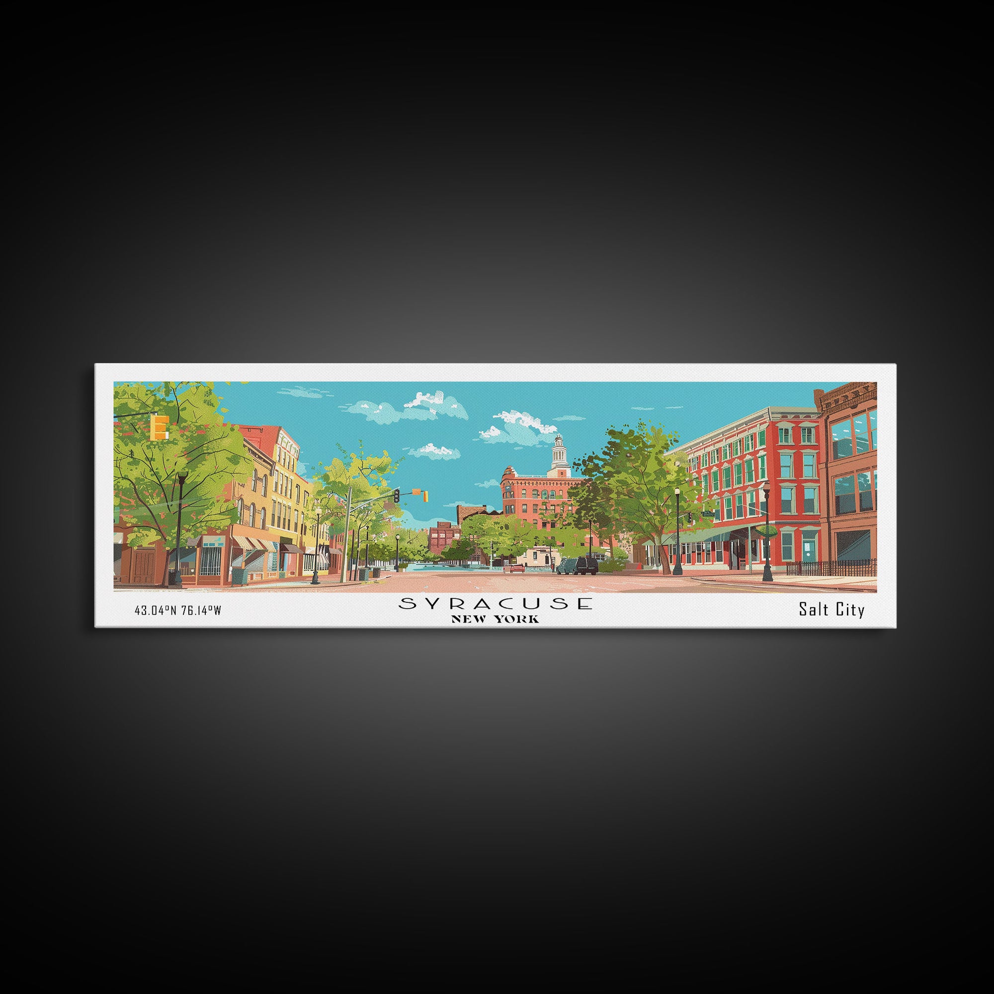 Syracuse New York Panoramic Painting, Mid Century Modern Framed Canvas Print, Retro Pop Art Travel Poster, Home and Office Wall Art Decor