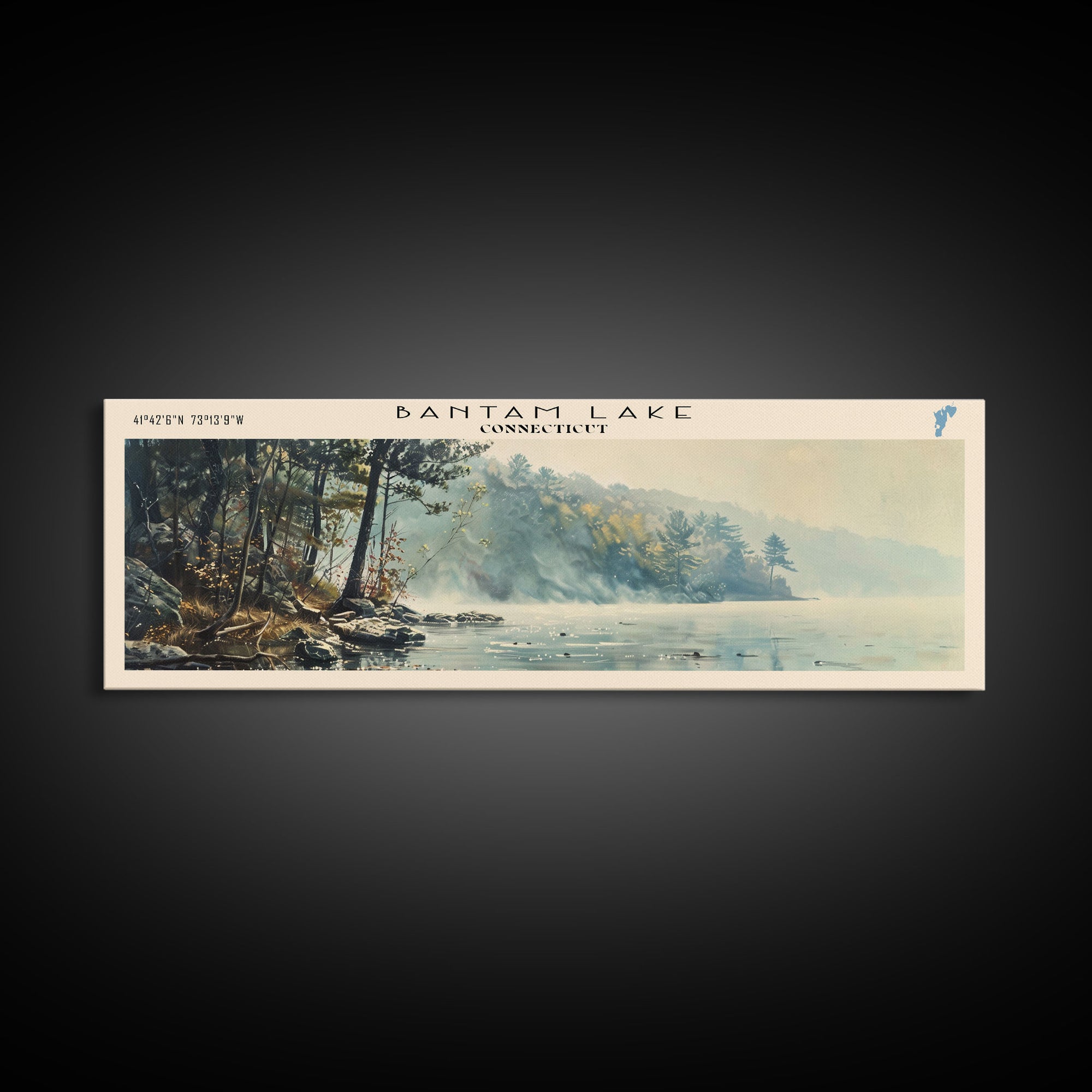 Bantam Lake Connecticut Lake House Art, Framed Canvas Print, Panoramic Travel Poster, Scenic View, Modern Decor, Water Reflection