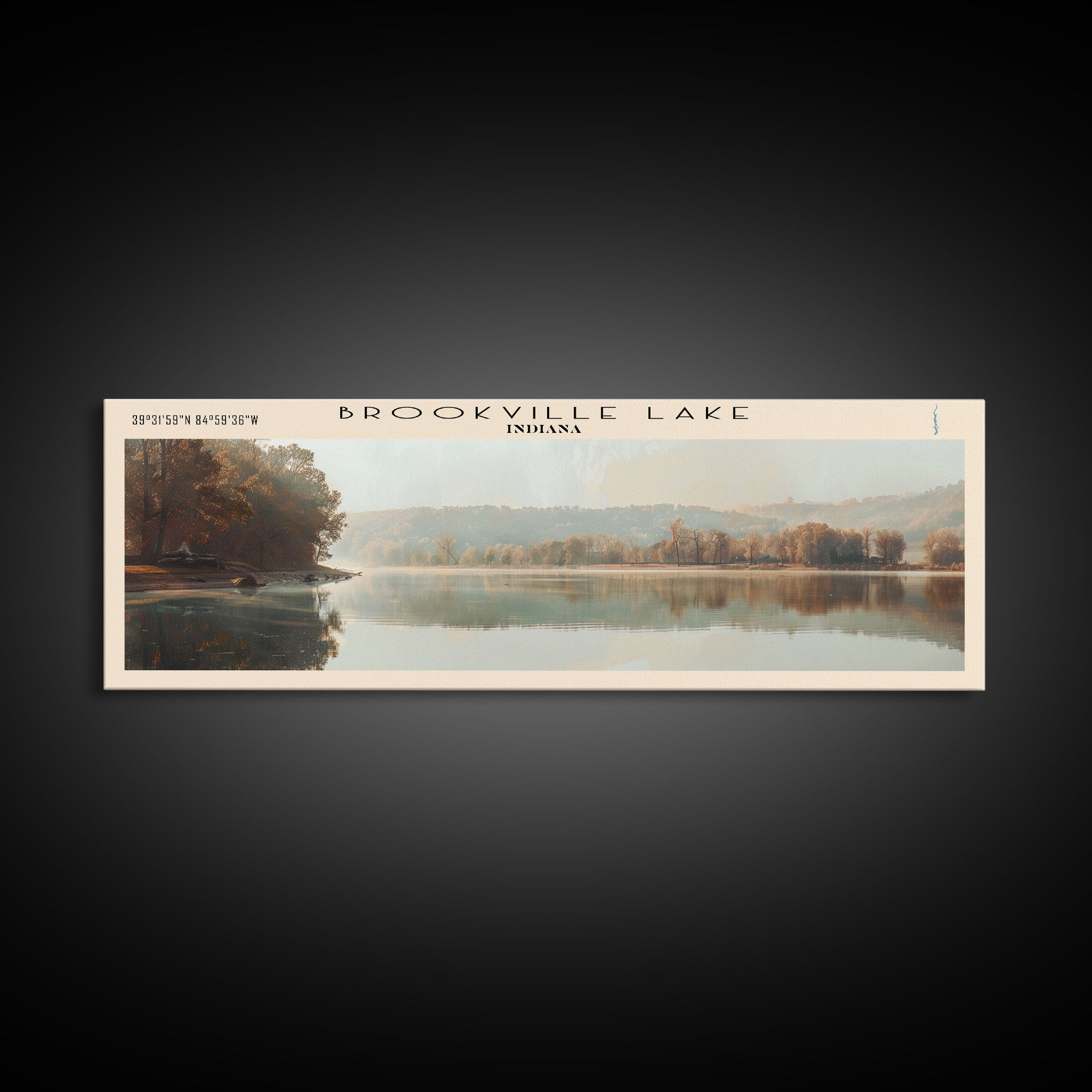 Brookville Lake Indiana Framed Canvas Print, Lake House Decor, Panoramic Wall Art, Travel Poster, Rustic Lake Painting, Nature Art