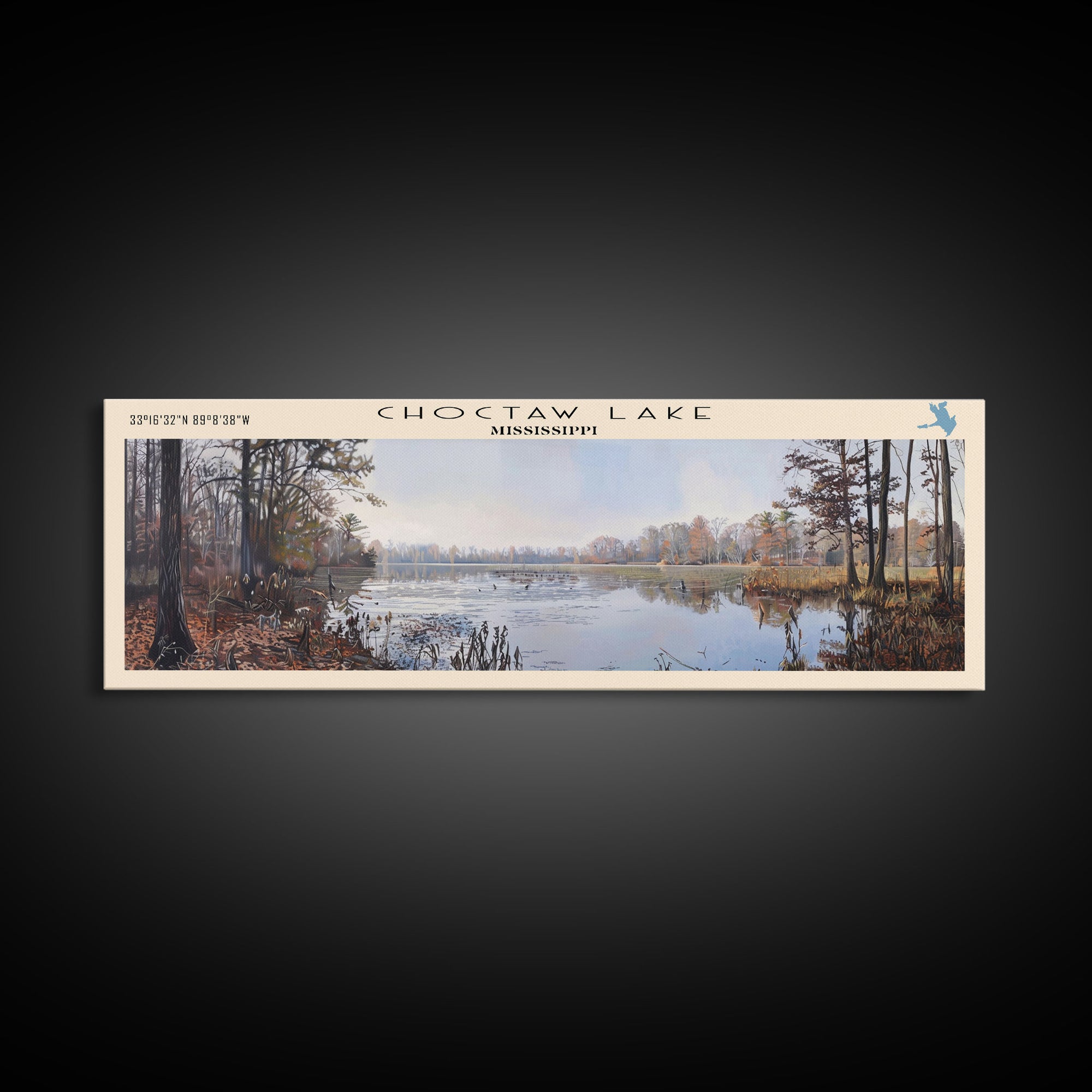 Choctaw Lake Mississippi Framed Canvas Print, Lake House Art, Panoramic Wide Wall Art, Travel Poster, Rustic Lake Painting, Home Decor