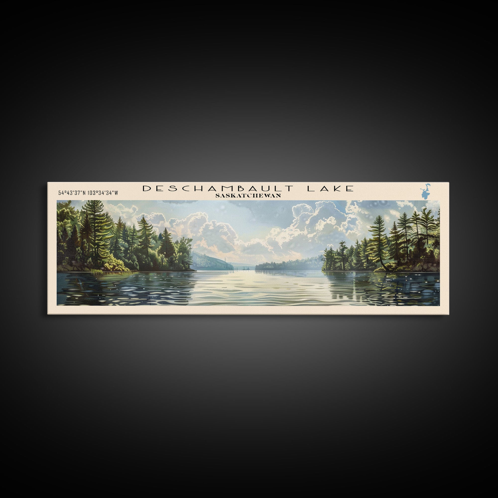 Deschambault Lake Framed Canvas Print, Lake House Decor, Panoramic Wall Art, Travel Poster, Modern Lake Painting, Nature Art