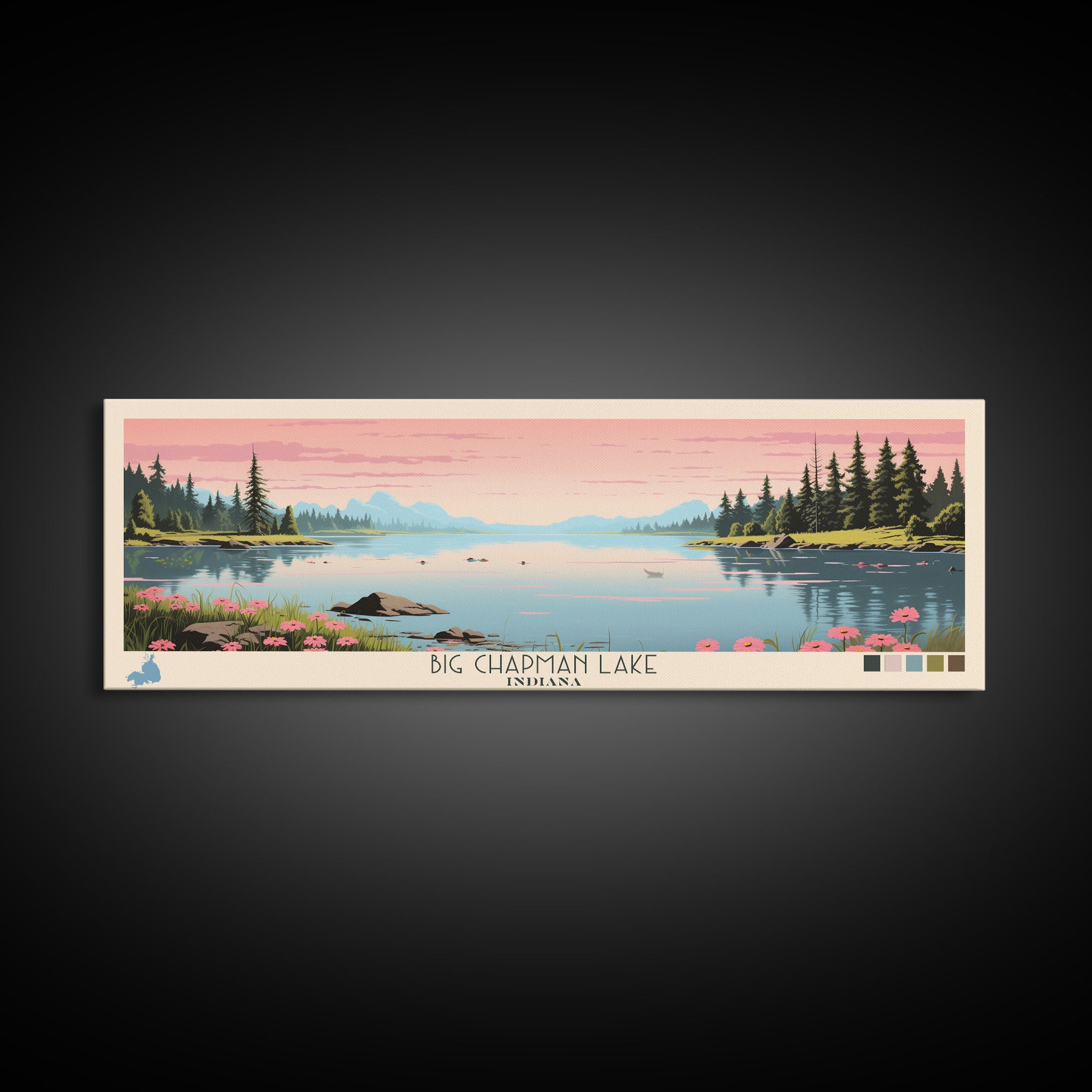 Big Chapman Lake Indiana Framed Canvas Print, Panoramic Travel Poster, Midcentury Modern Wall Art, Pop Art, Nature Lake House Art, Bedroom Decor