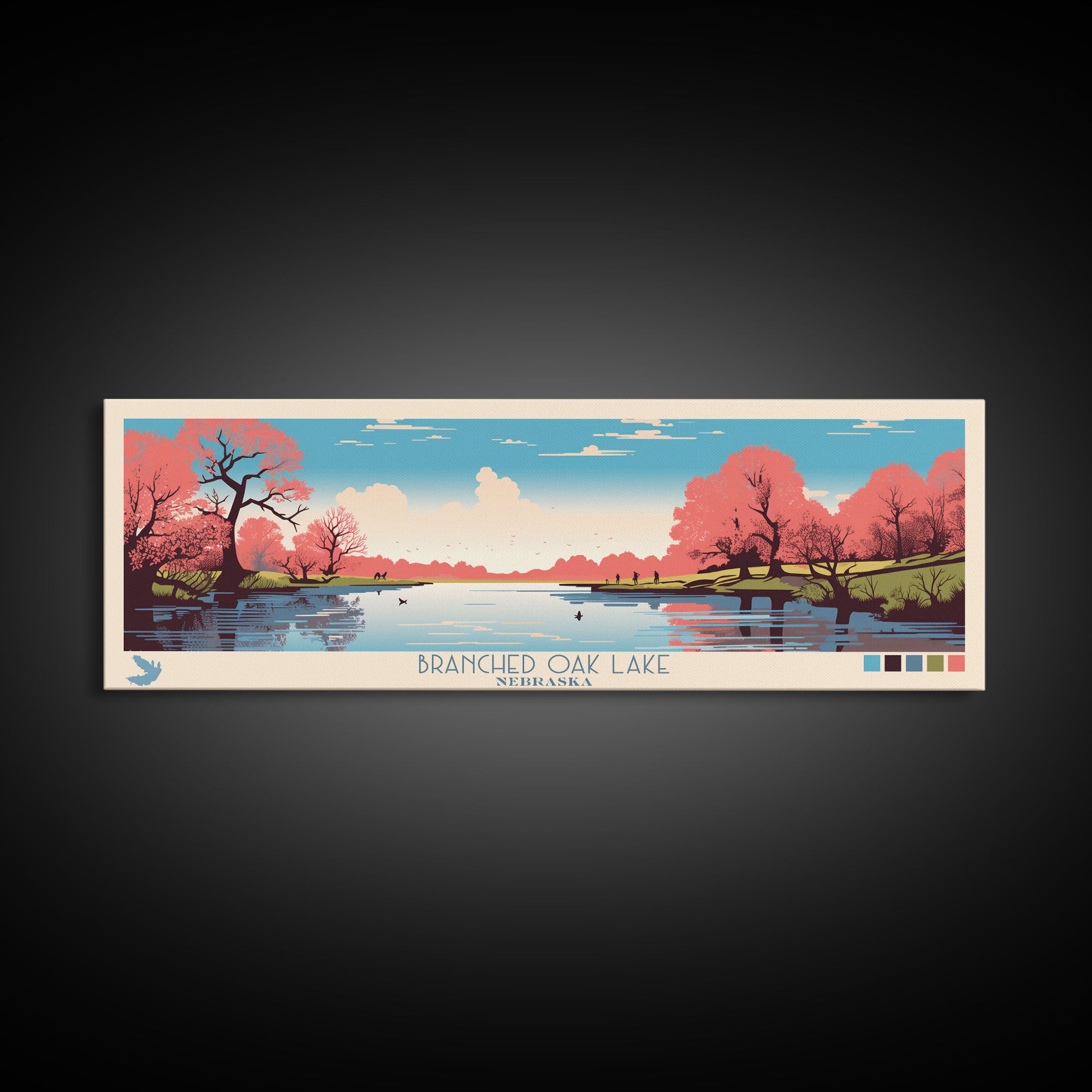 Branched Oak Lake Nebraska Framed Canvas Print, Pop Art Panoramic Travel Poster, Bedroom Decor, Midcentury Modern, Wall Art, Scenic Lake House