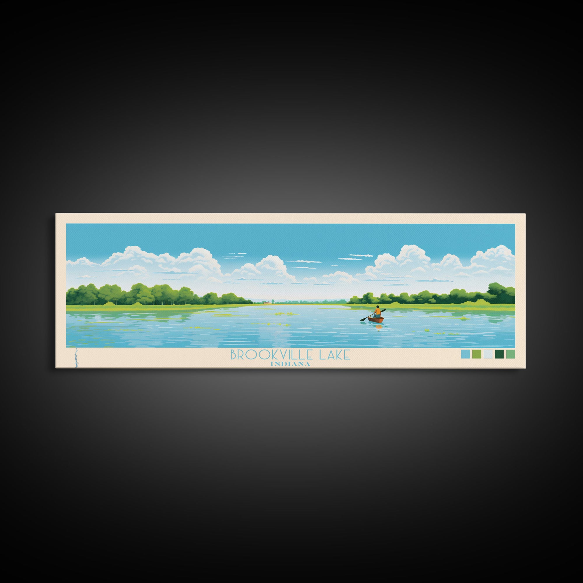 Brookville Lake Indiana Framed Canvas Print, Midcentury Modern Panoramic Wall Art, Living Room Decor, Pop Art, Travel Poster Art, Nature Painting