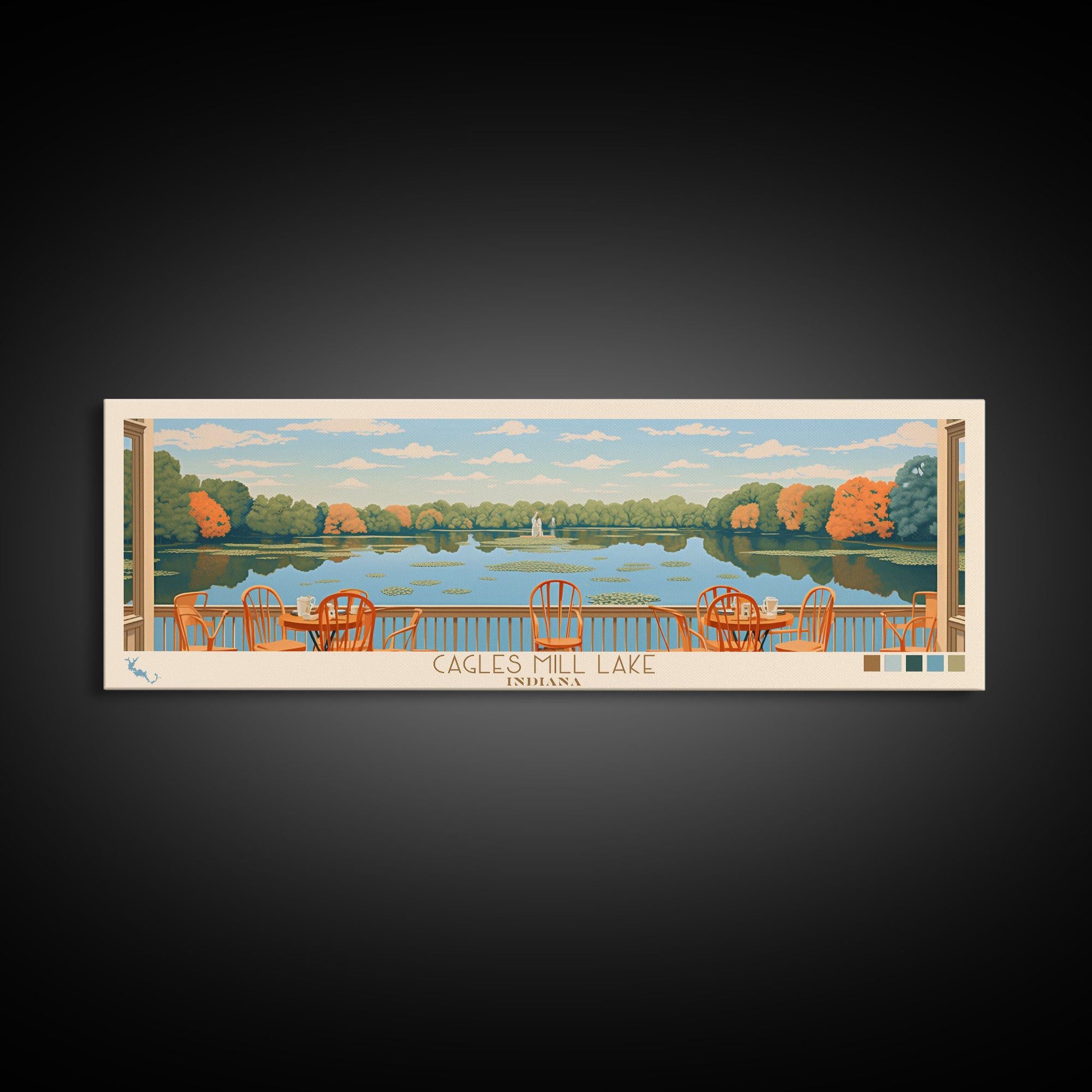 Cagles Mill Lake Indiana Framed Canvas Print, Midcentury Modern Panoramic Wall Art, Living Room Decor, Pop Art, Travel Poster Art, Scenic Nature Painting